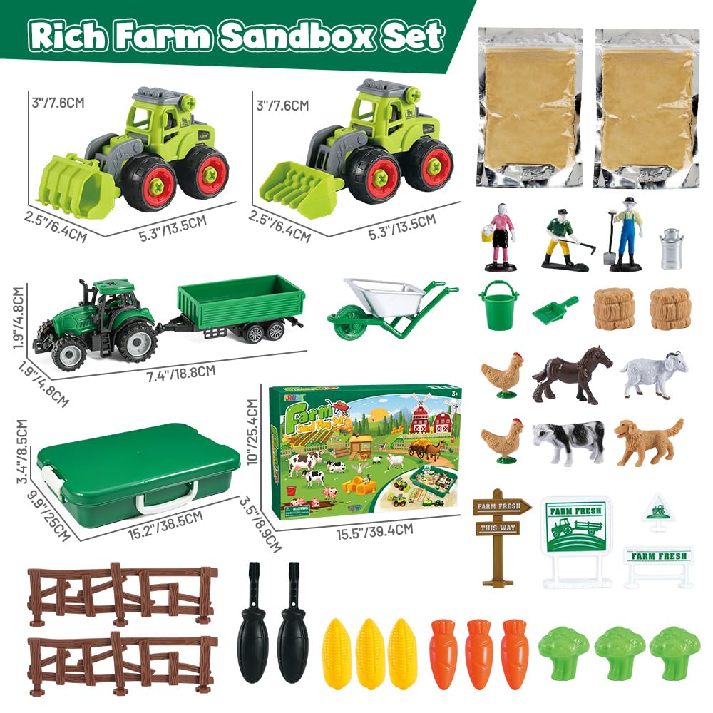 FRUSE Play Sand Farm Toys – 38-Piece Sensory Sand Set with 2.2lb Sand & Tractor Playset