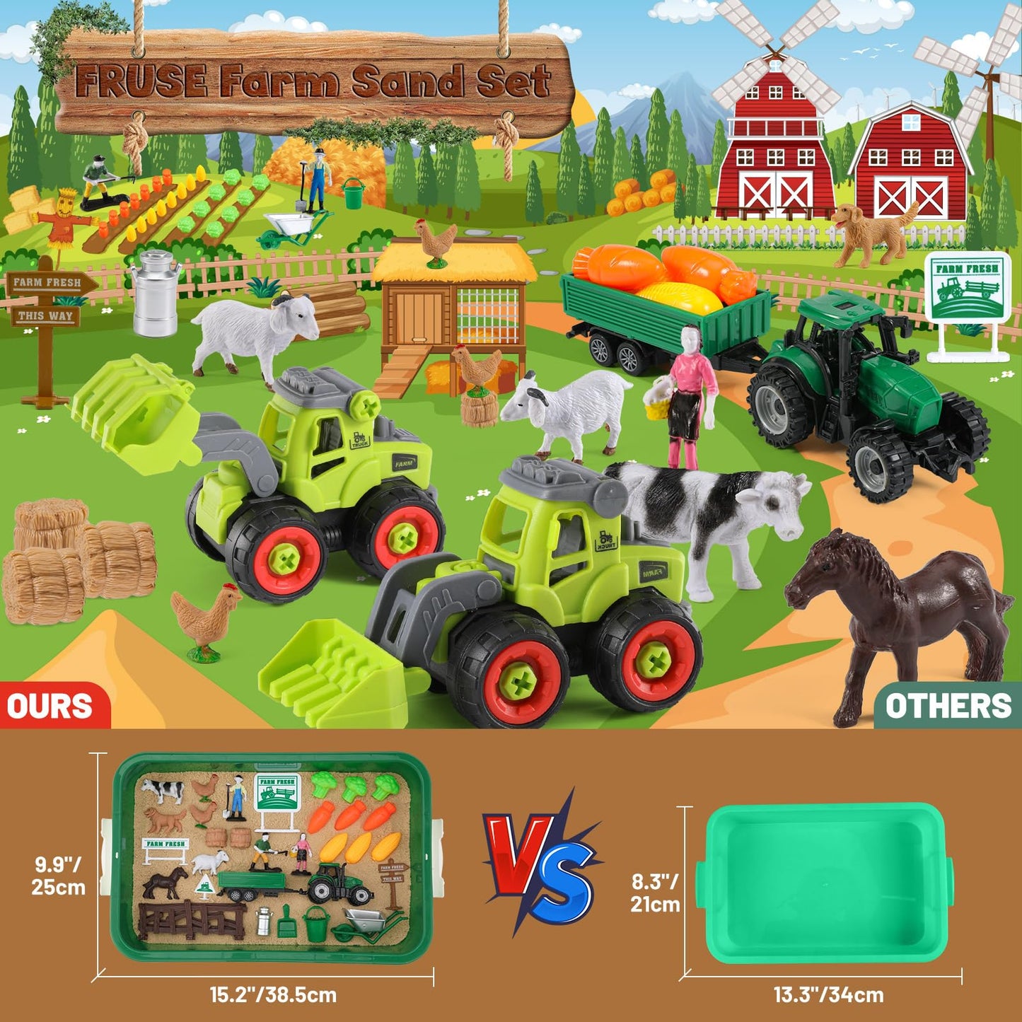 FRUSE Play Sand Farm Toys – 38-Piece Sensory Sand Set with 2.2lb Sand & Tractor Playset