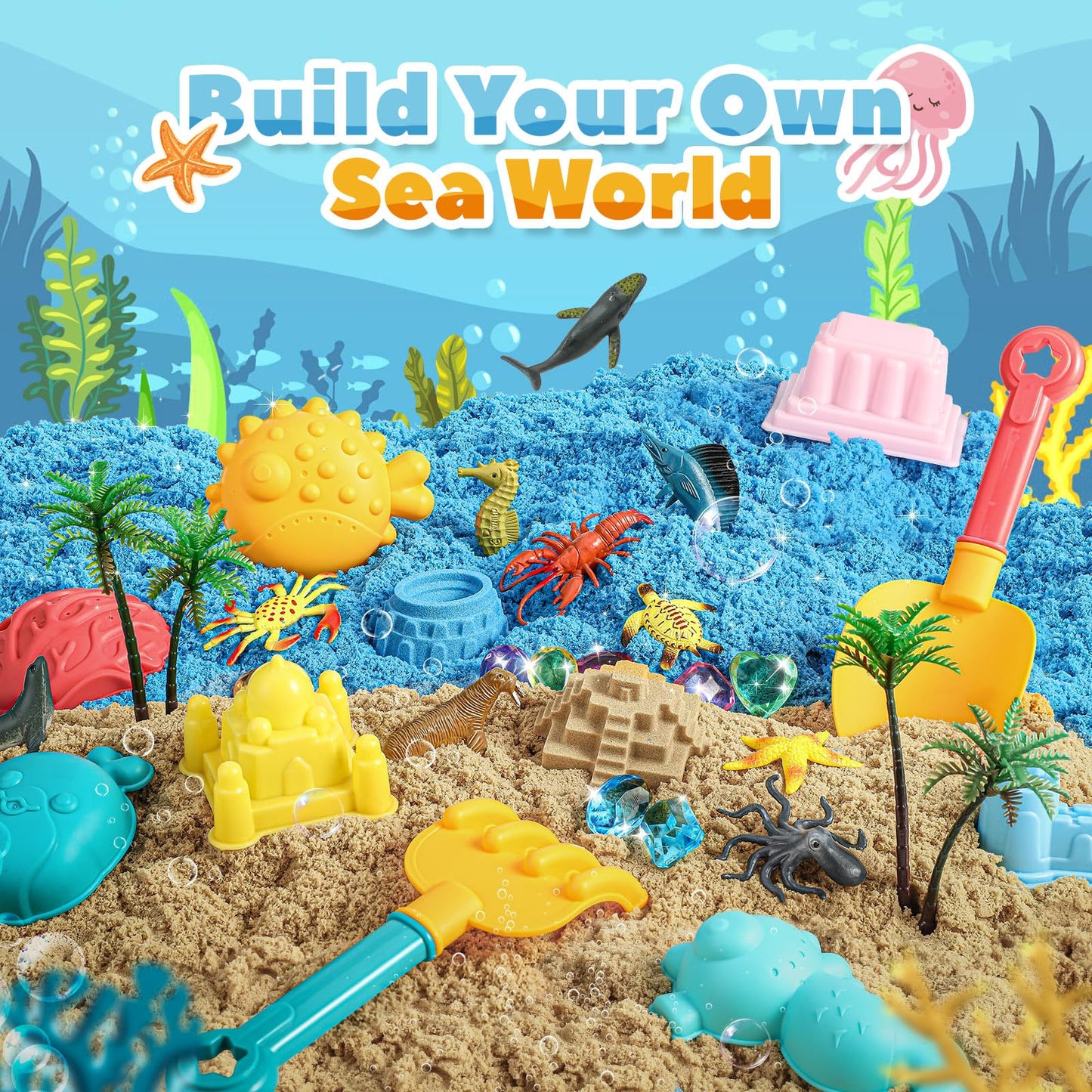 FRUSE Ocean Sensory Bin – Sand Art Kit with 2.2lbs Sand, 12 Sea Animals & Molds