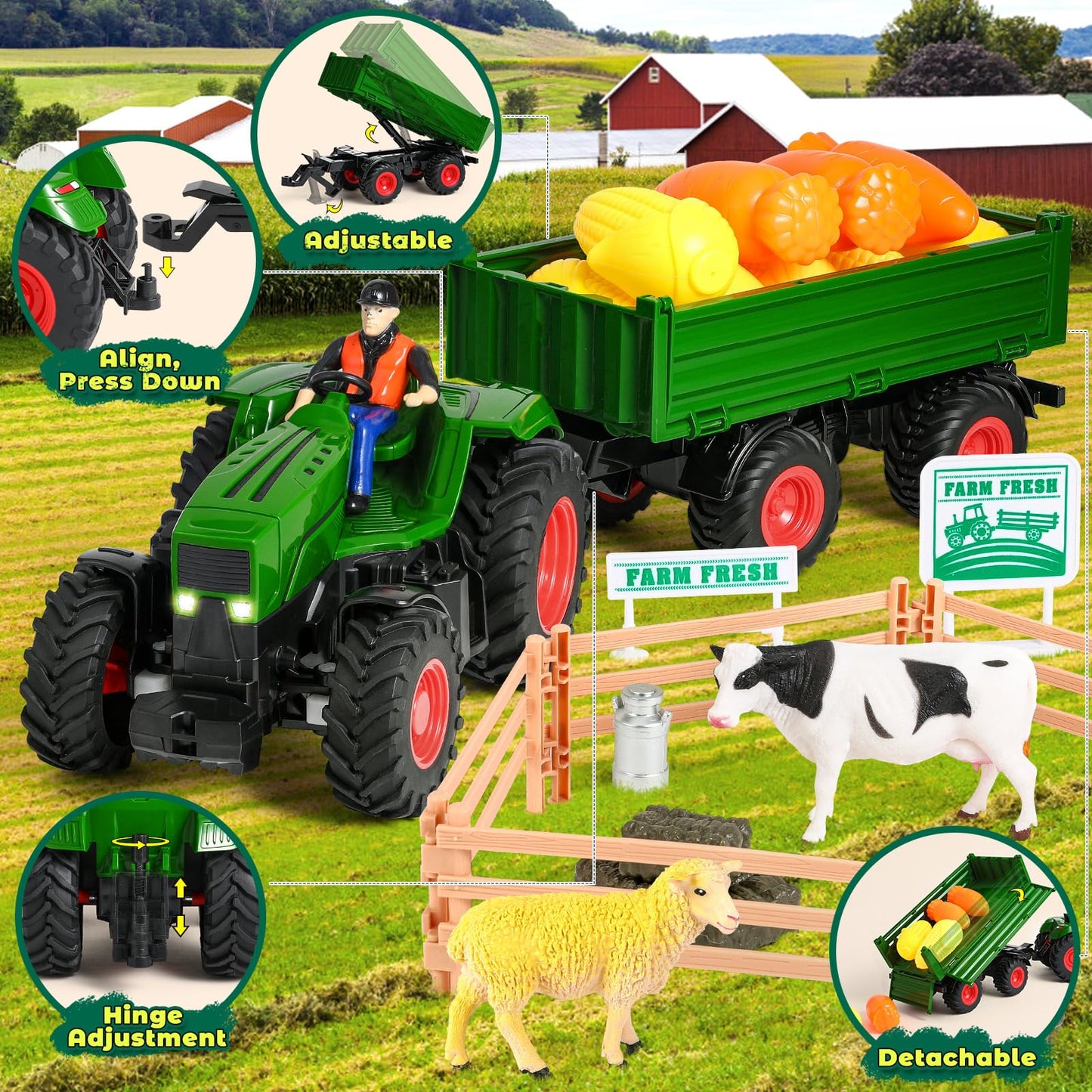 FRUSE Remote Control Tractor Toy — RC Tractor Set with Trailer and 2 Batteries
