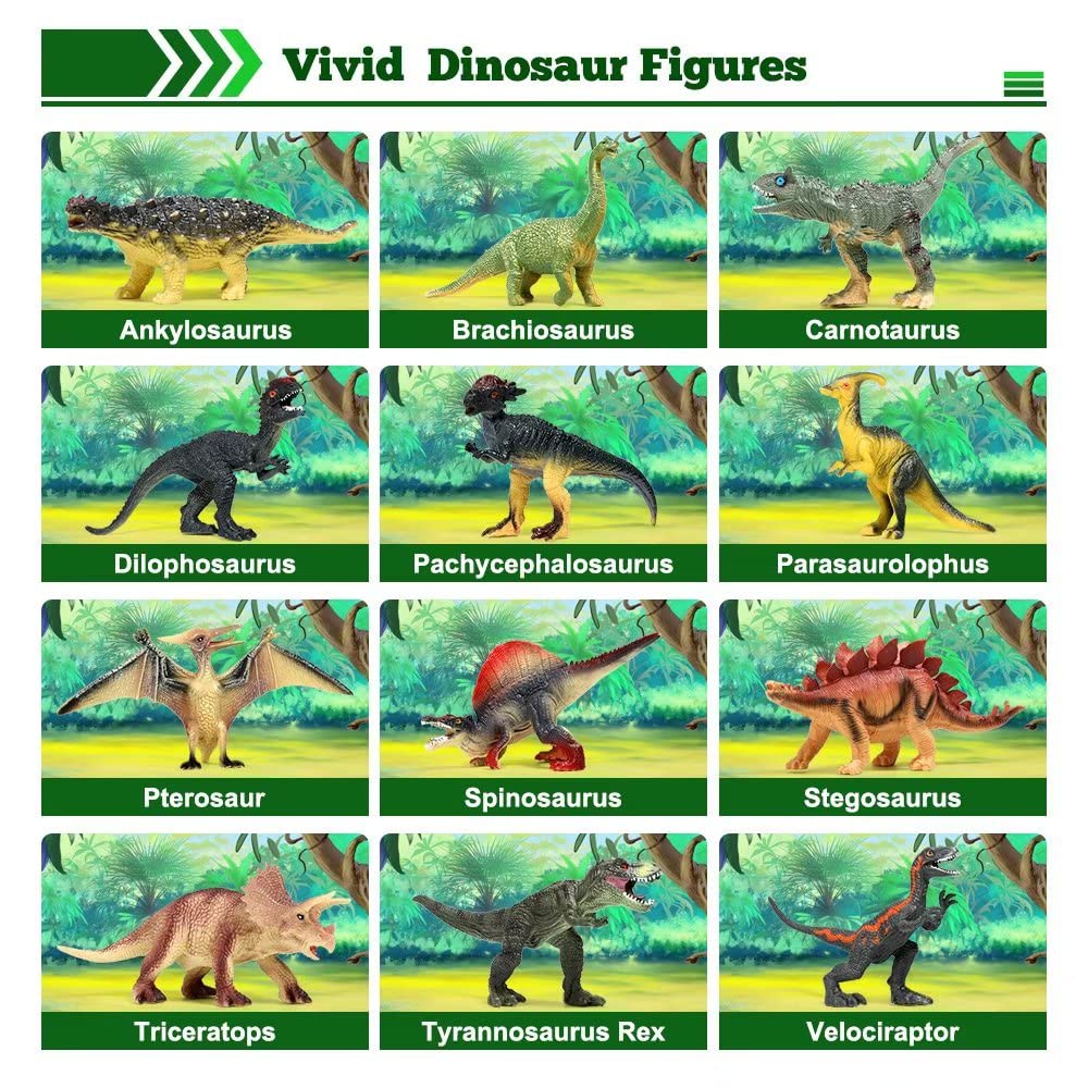 FRUSE Jurassic Dinosaur Toys – 12 Realistic Dino Figurines with Educational Book for Kids 3-5