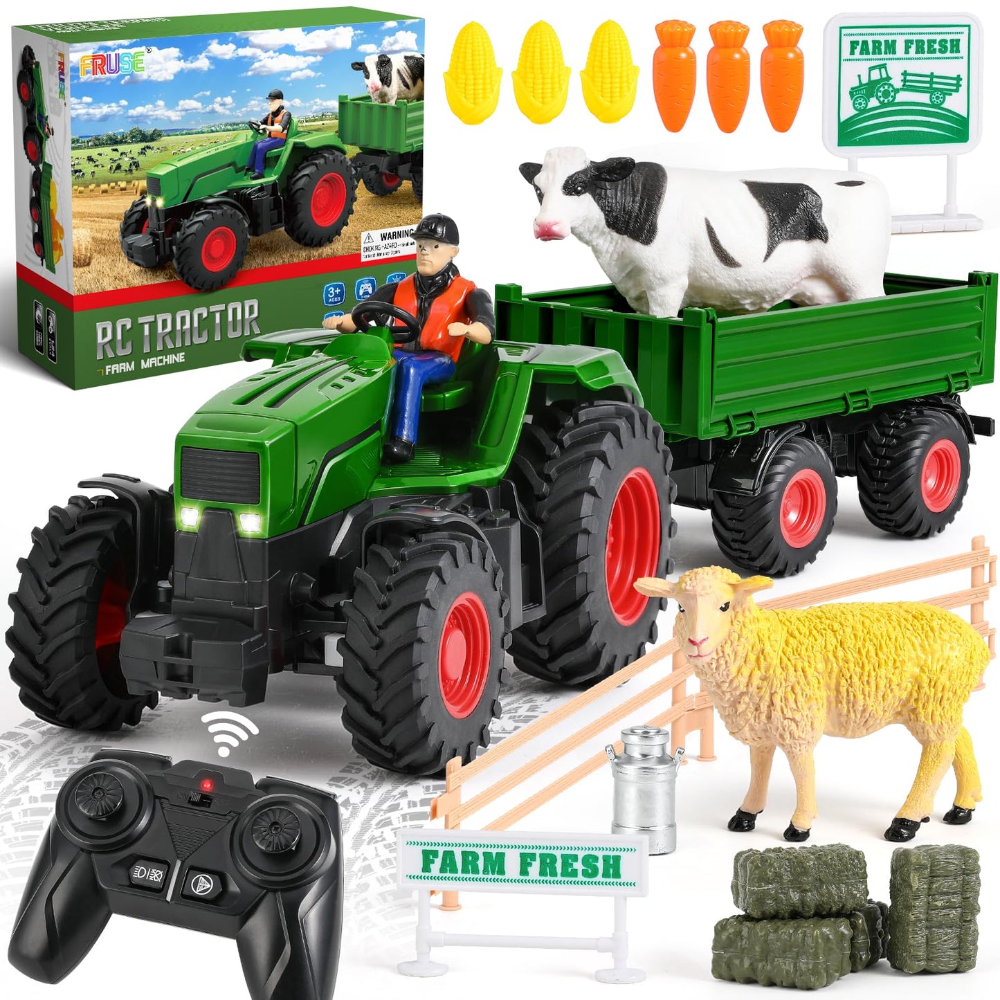 FRUSE Remote Control Tractor Toy — RC Tractor Set with Trailer and 2 Batteries