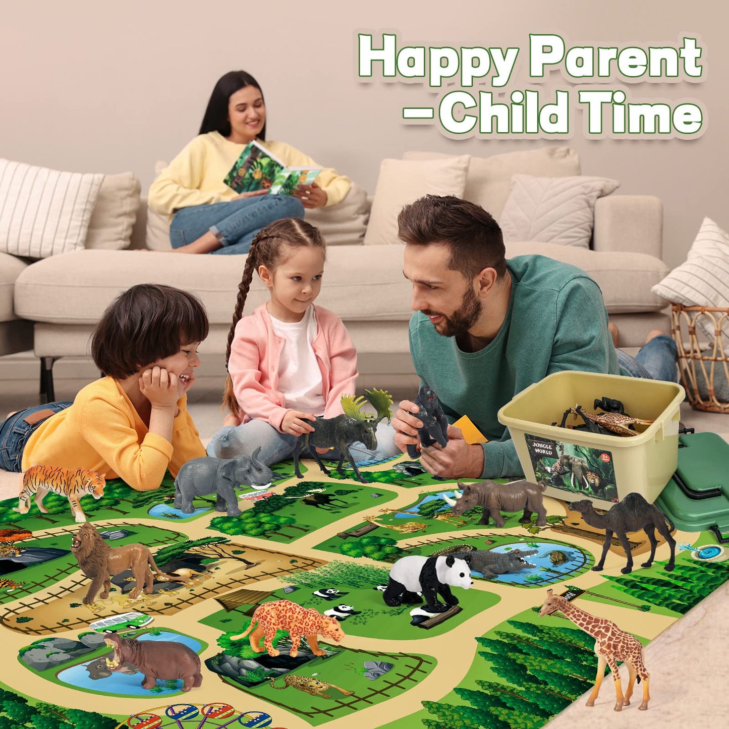FRUSE Safari Animals Figures Toys with 57x38.5 Jumbo Play Mat – 12 Wildlife Figurines