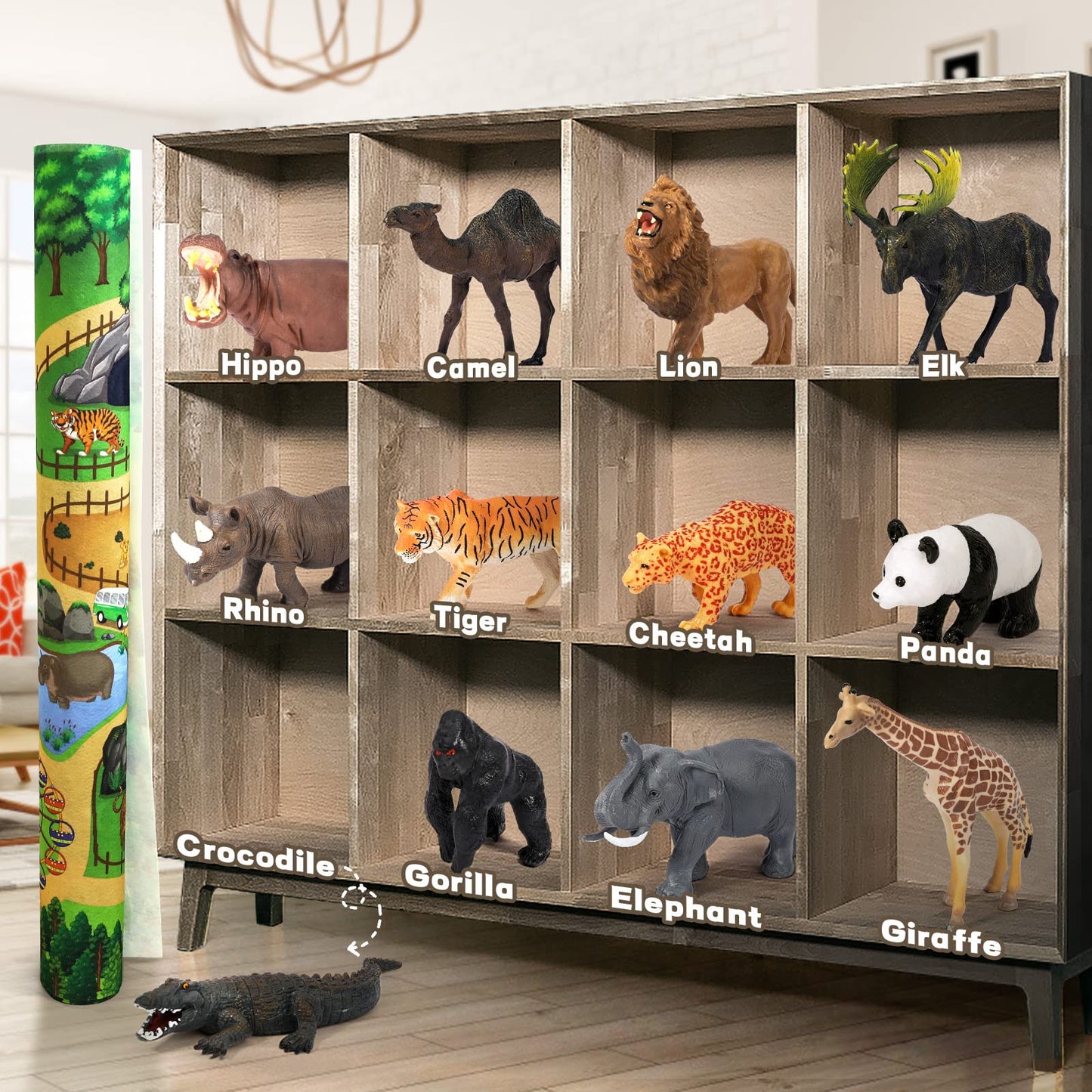 FRUSE Safari Animals Figures Toys with 57x38.5 Jumbo Play Mat – 12 Wildlife Figurines