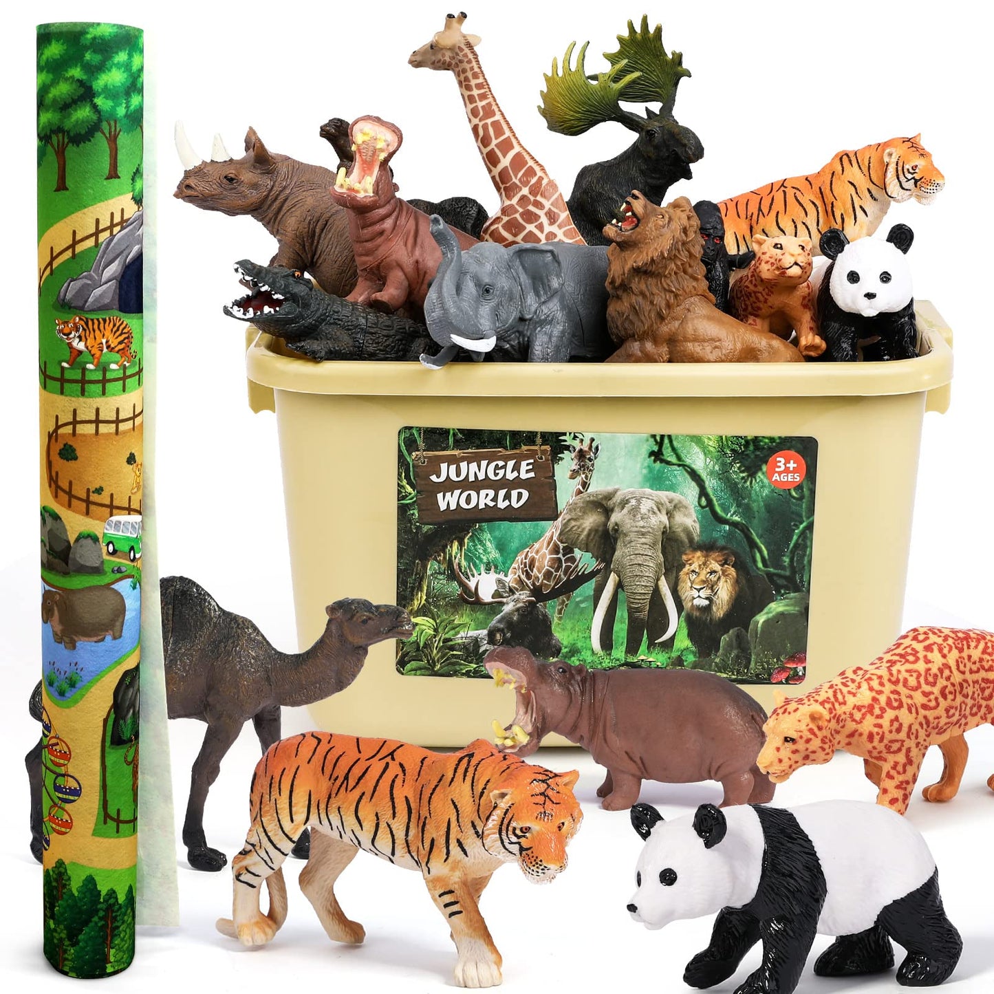 FRUSE Safari Animals Figures Toys with 57x38.5 Jumbo Play Mat – 12 Wildlife Figurines