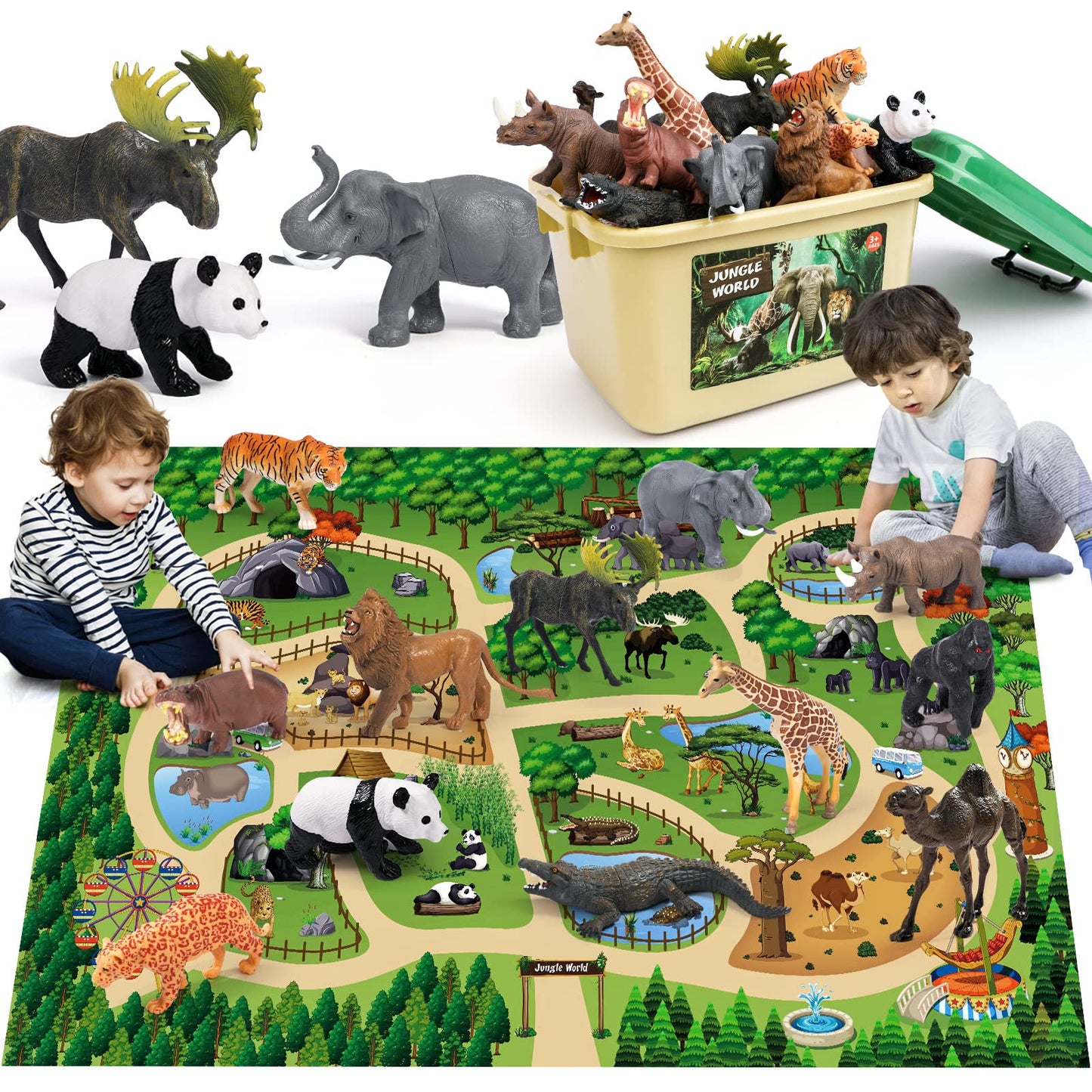 FRUSE Safari Animals Figures Toys with 57x38.5 Jumbo Play Mat – 12 Wildlife Figurines