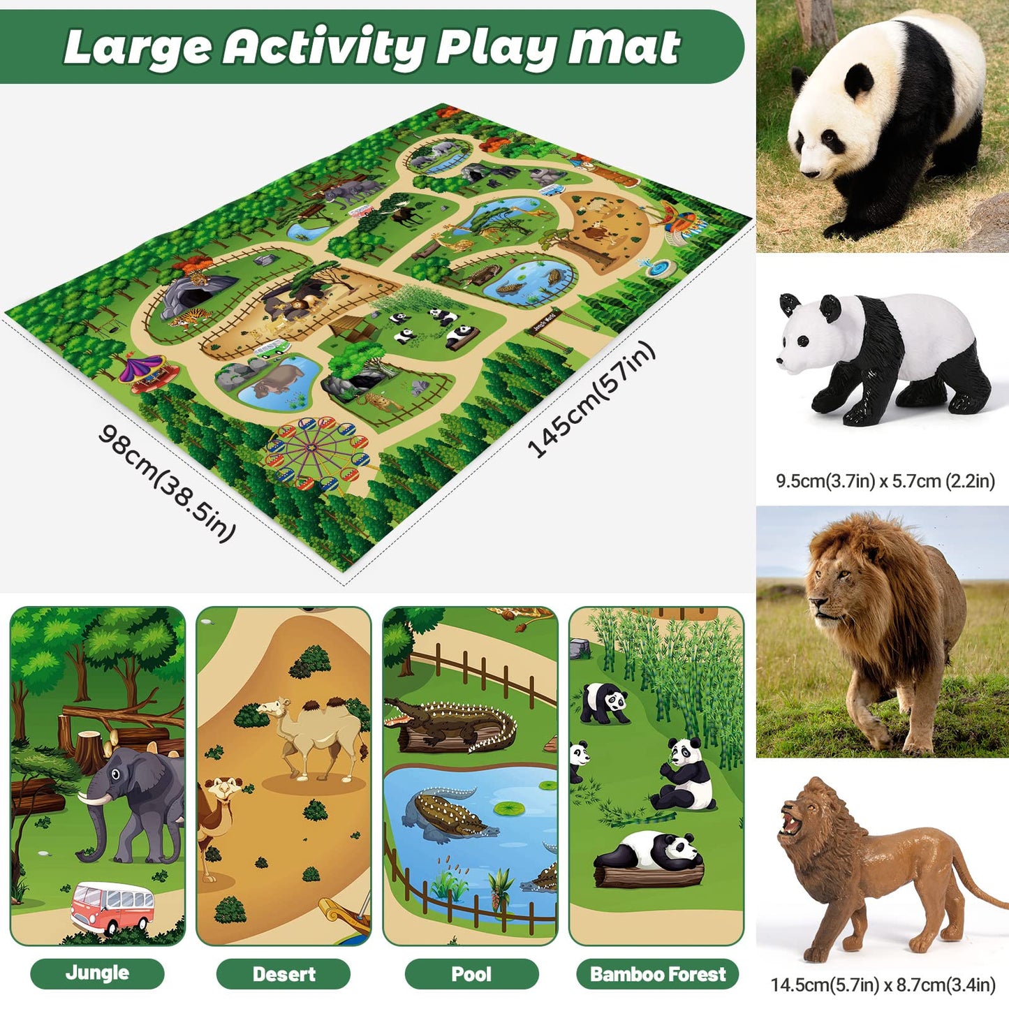 FRUSE Safari Animals Figures Toys with 57x38.5 Jumbo Play Mat – 12 Wildlife Figurines