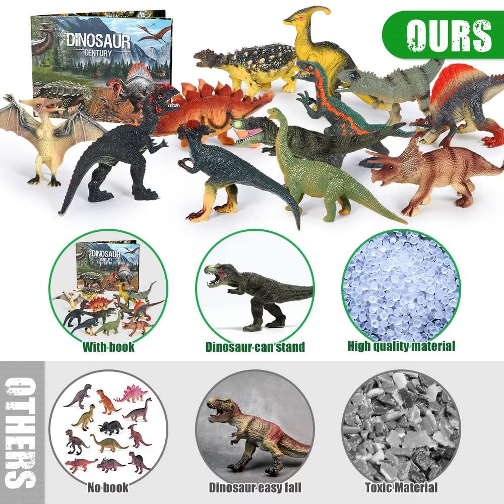 FRUSE Jurassic Dinosaur Toys – 12 Realistic Dino Figurines with Educational Book for Kids 3-5