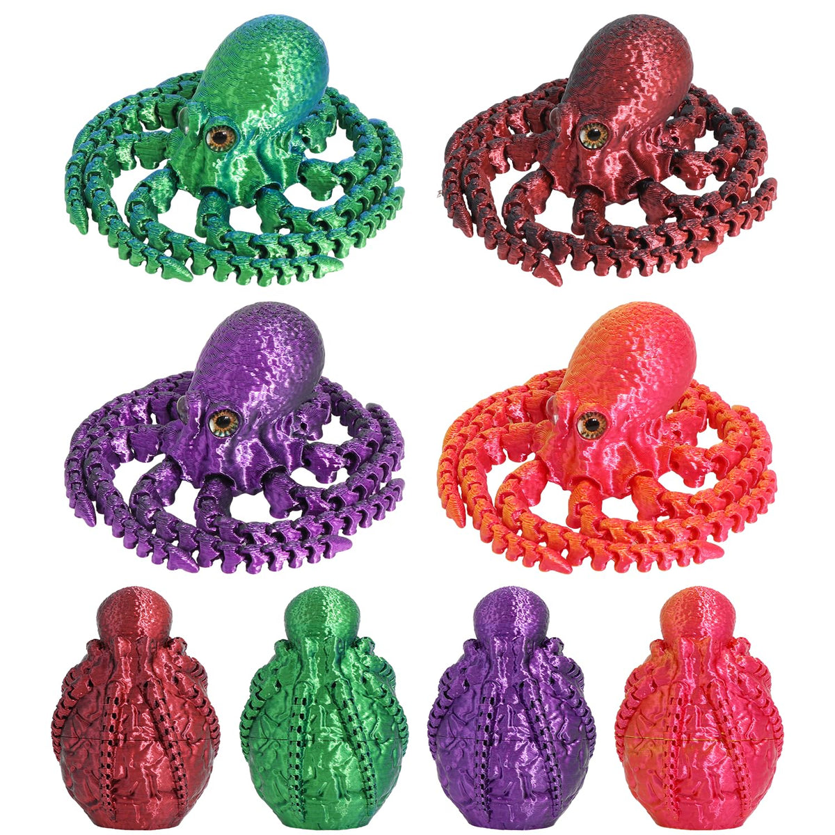 FRVTJS 4pcs 3D Printed Octopus Egg Set – Safe PLA Eggs with Hidden Movable Octopuses