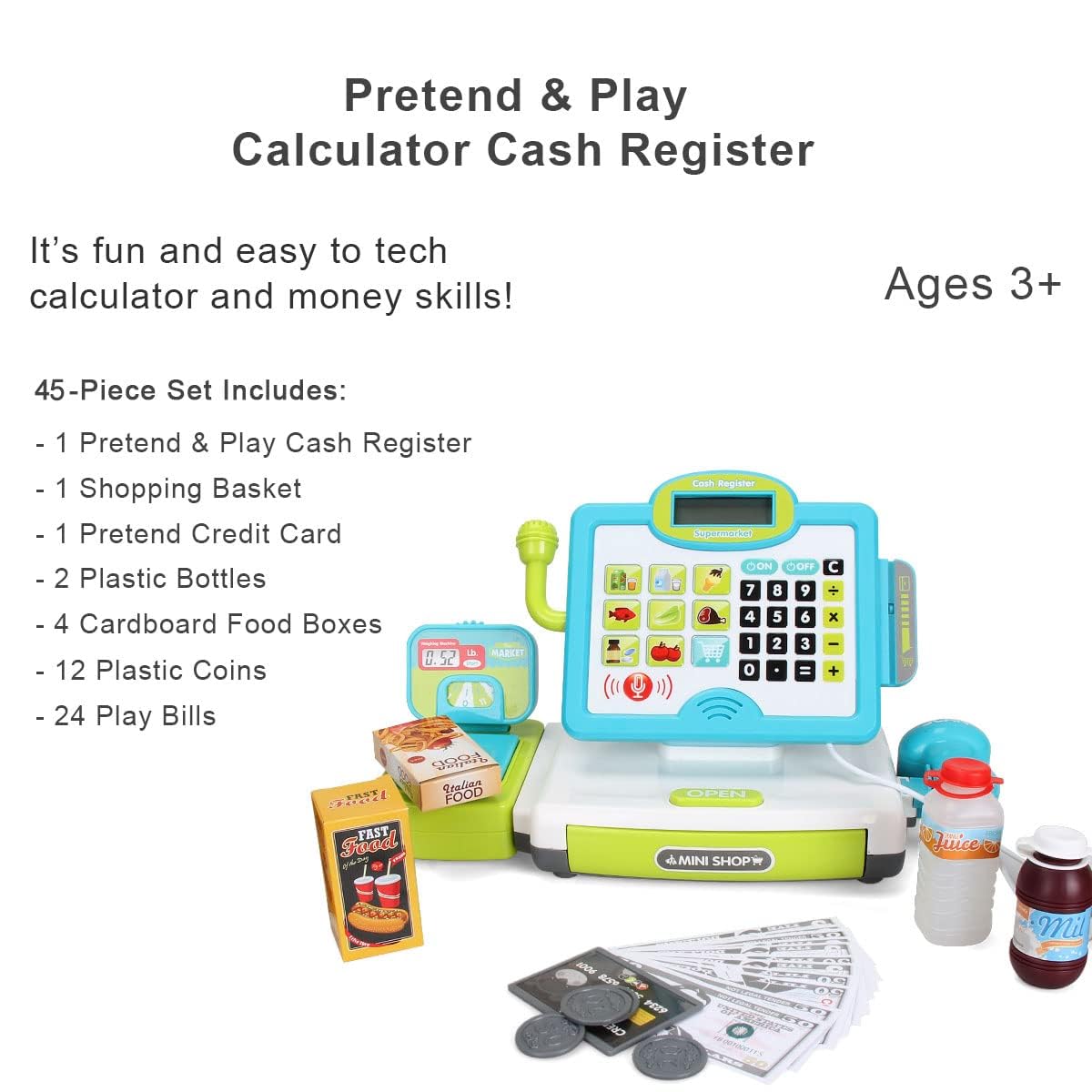 FS Pretend Play Calculator Cash Register Toy – 45-Piece Educational Gift for Kids (Ages 3-7)