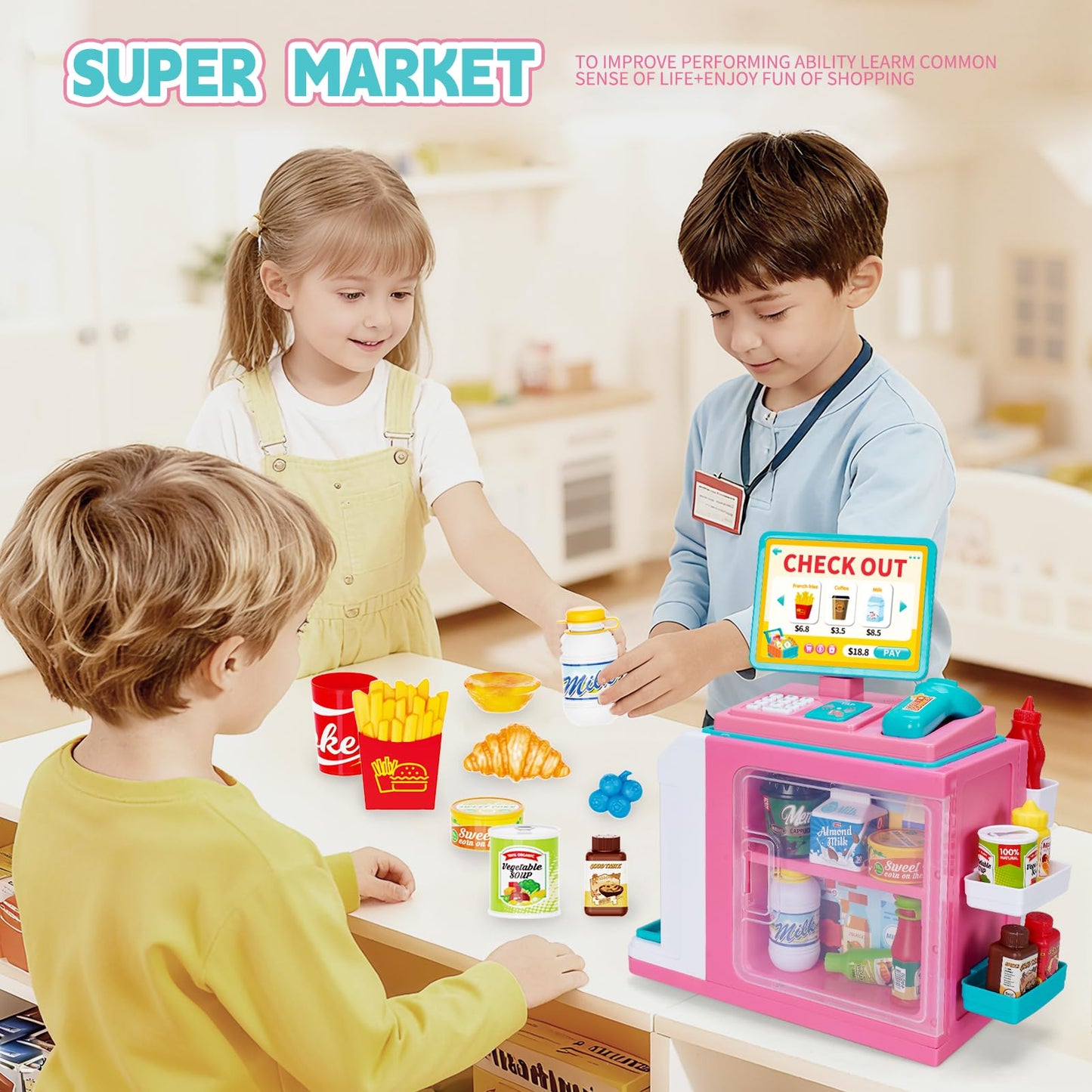 FS Kids Pretend Play Store Set – 45-Piece Grocery Toy with Cash Register & Ice Cream Maker (Ages 3+)