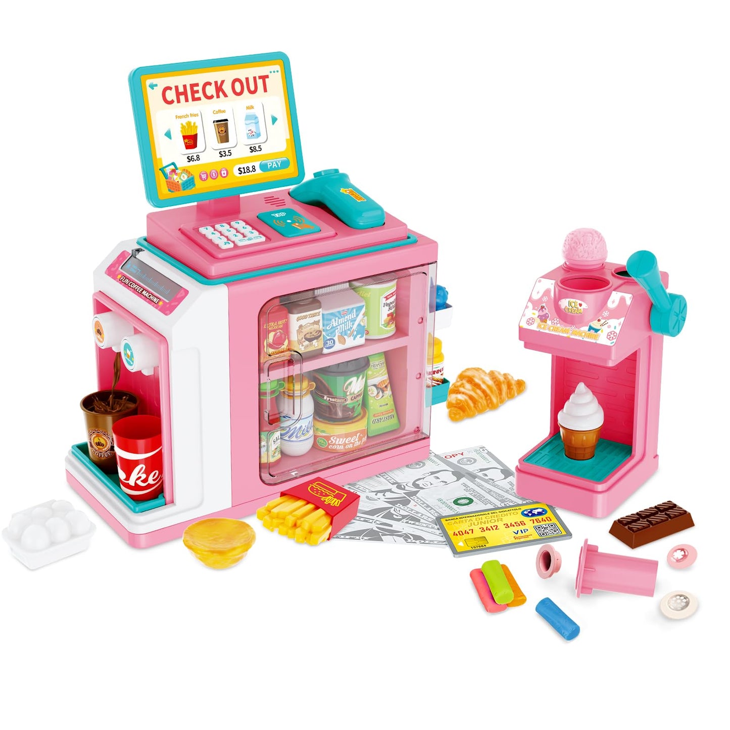 FS Kids Pretend Play Store Set – 45-Piece Grocery Toy with Cash Register & Ice Cream Maker (Ages 3+)
