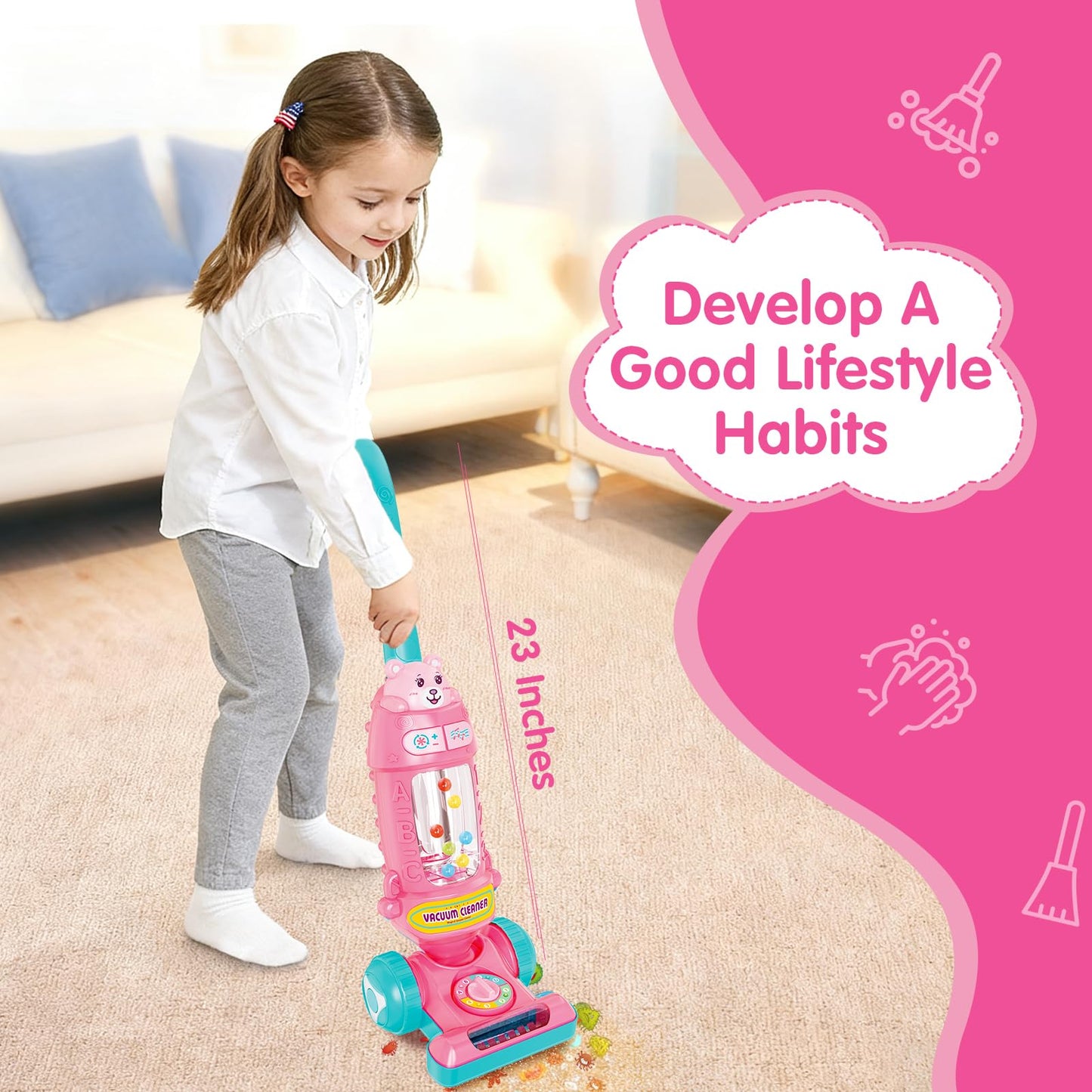 FS Kids Vacuum Toy with Lights & Sounds – Realistic Pretend Play Vacuum for Toddlers (Pink)