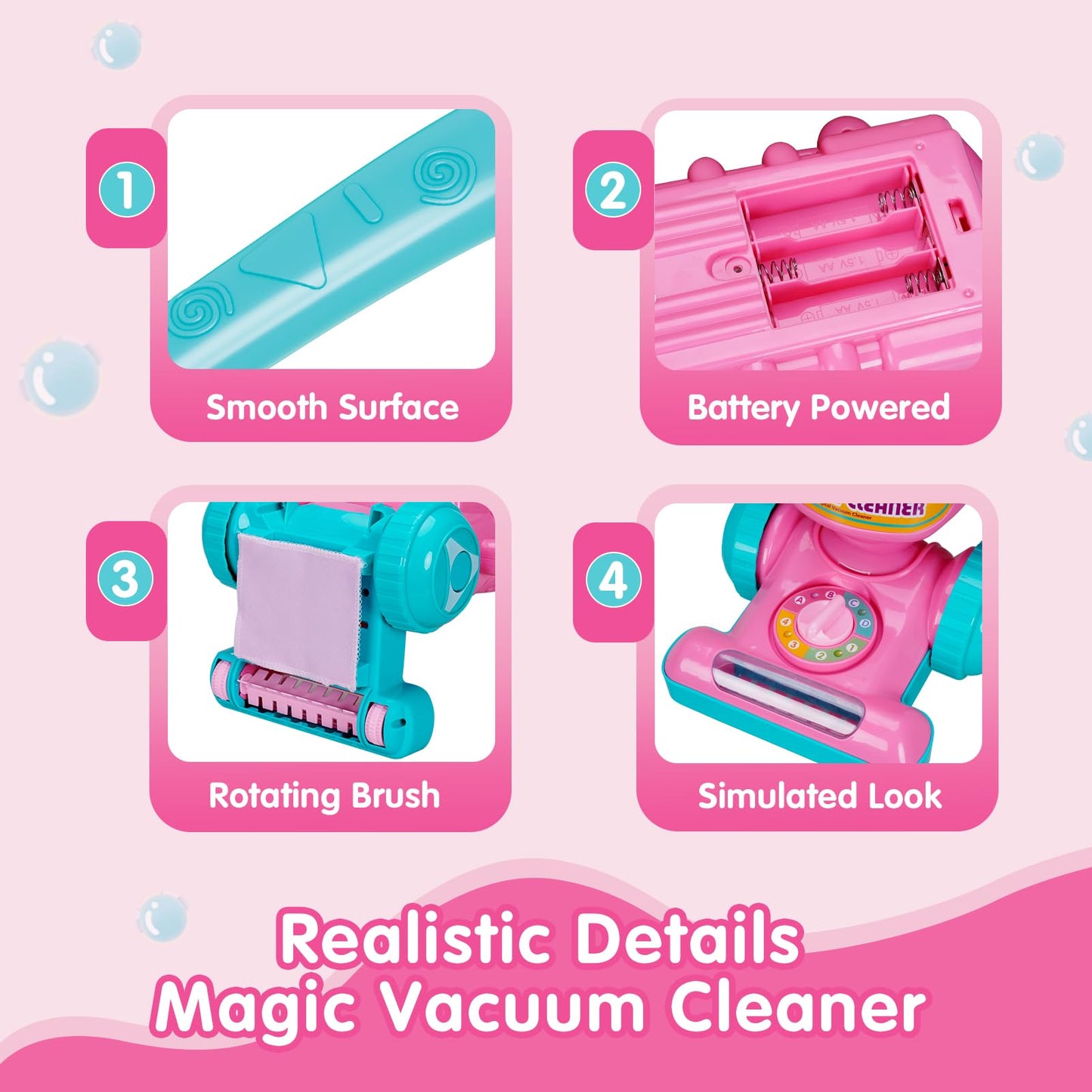 FS Kids Vacuum Toy with Lights & Sounds – Realistic Pretend Play Vacuum for Toddlers (Pink)