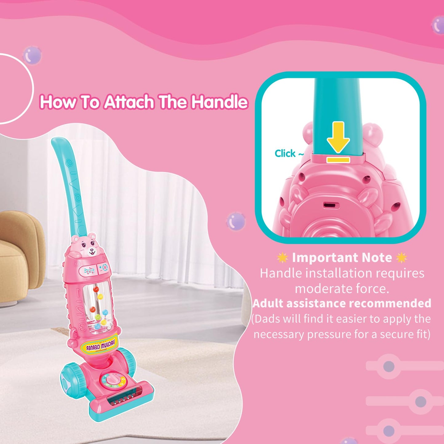 FS Kids Vacuum Toy with Lights & Sounds – Realistic Pretend Play Vacuum for Toddlers (Pink)