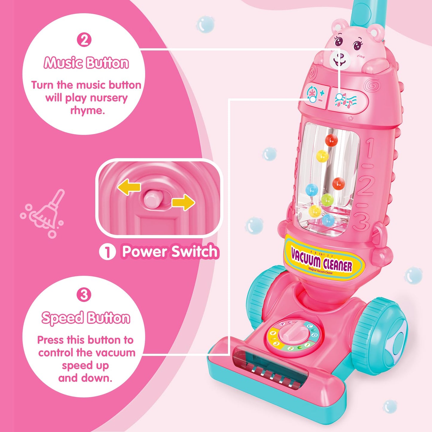 FS Kids Vacuum Toy with Lights & Sounds – Realistic Pretend Play Vacuum for Toddlers (Pink)