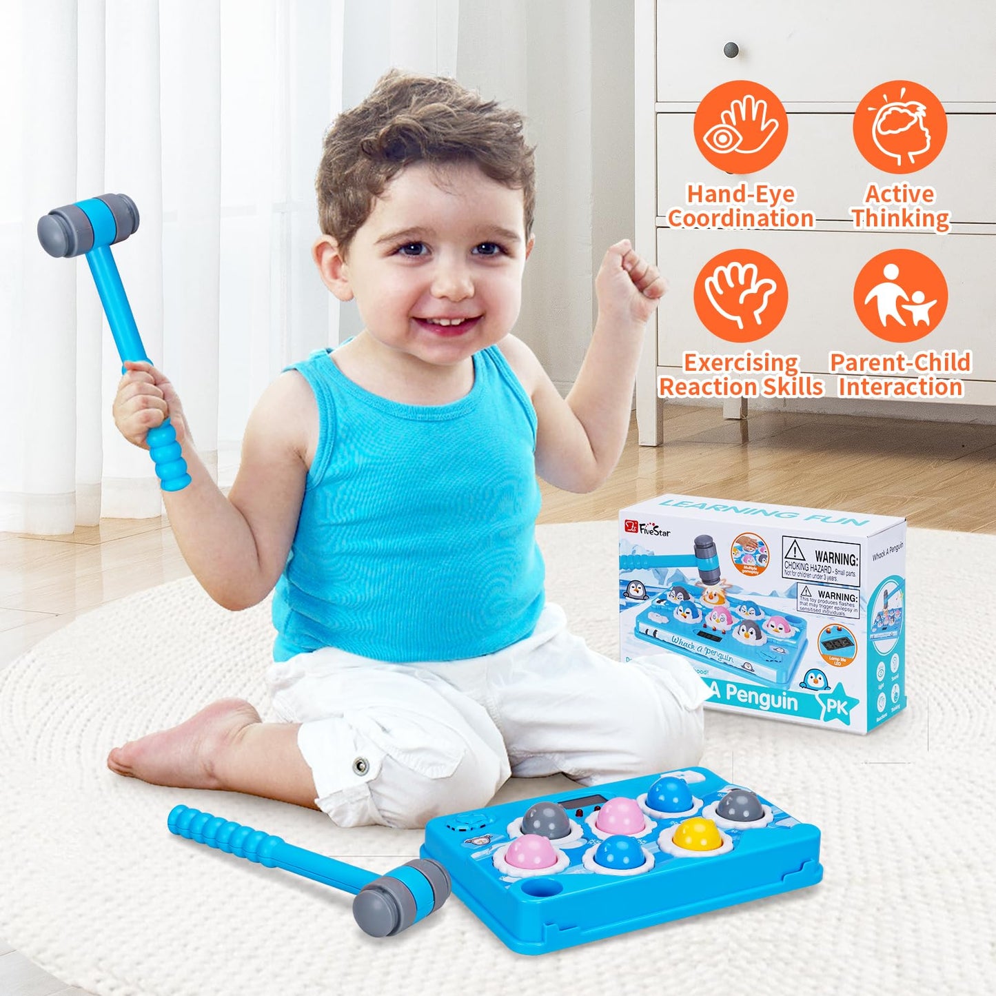 FS Pound-A-Penguin Game – Screen-Free Pounding Toy for Toddlers 1–3 & Kids 2–8 | 4 Speed Modes