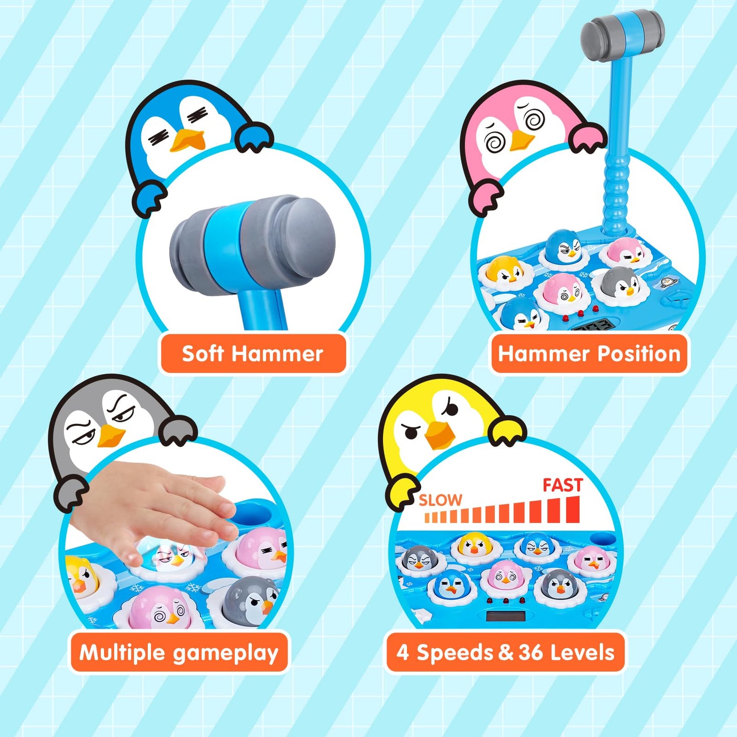 FS Pound-A-Penguin Game – Screen-Free Pounding Toy for Toddlers 1–3 & Kids 2–8 | 4 Speed Modes