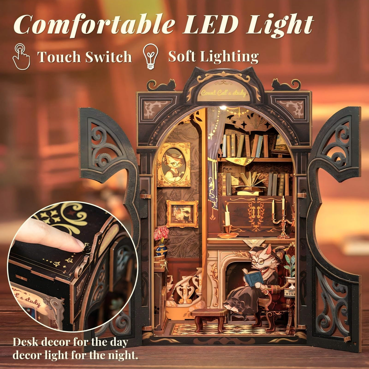 Fsolis Count Cat's Study Book Nook Kit – 108-Piece DIY Wooden Dollhouse