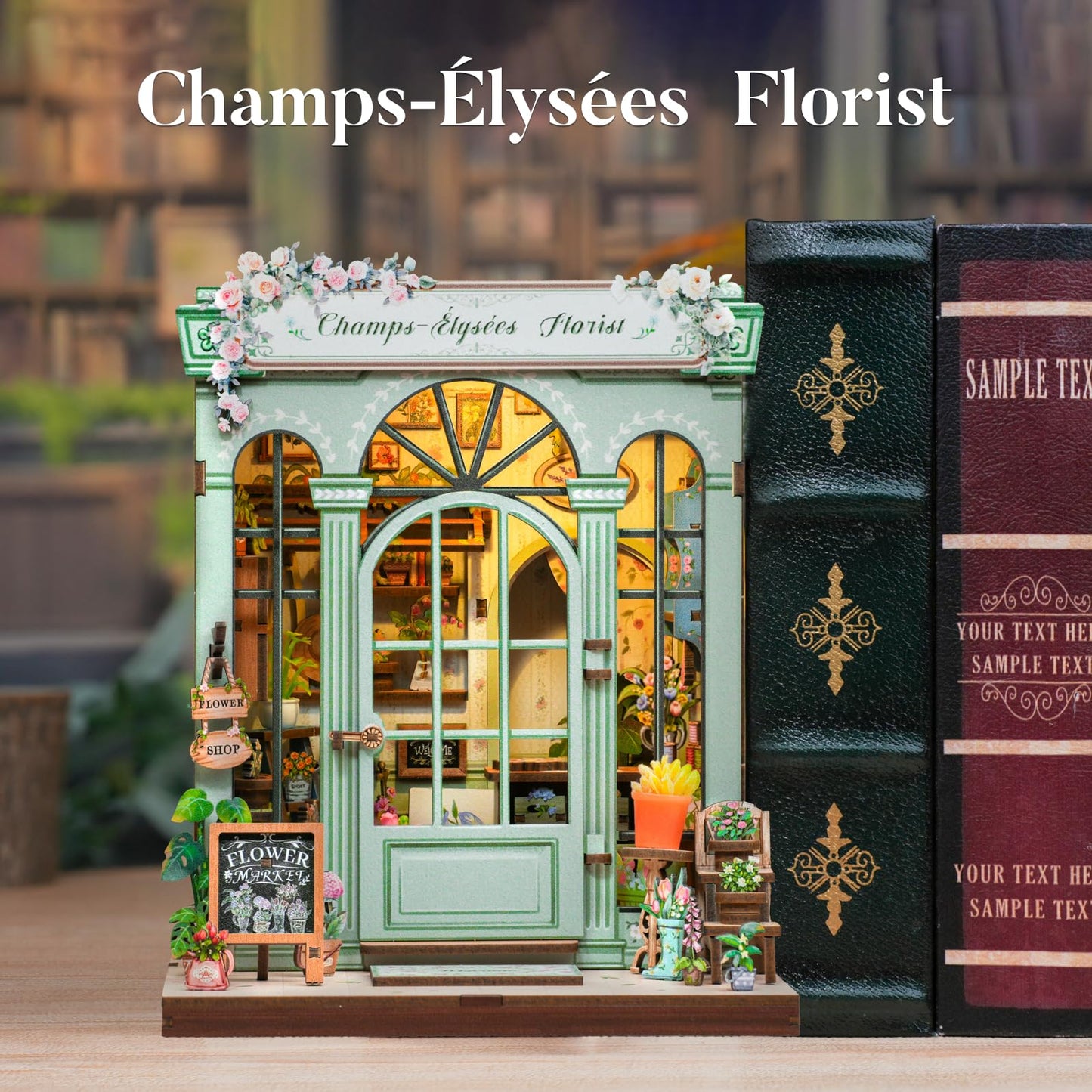 Fsolis Book Nook Kit – 3D Wooden Puzzle Diorama for Adults | Champs-Elysees Florist Theme