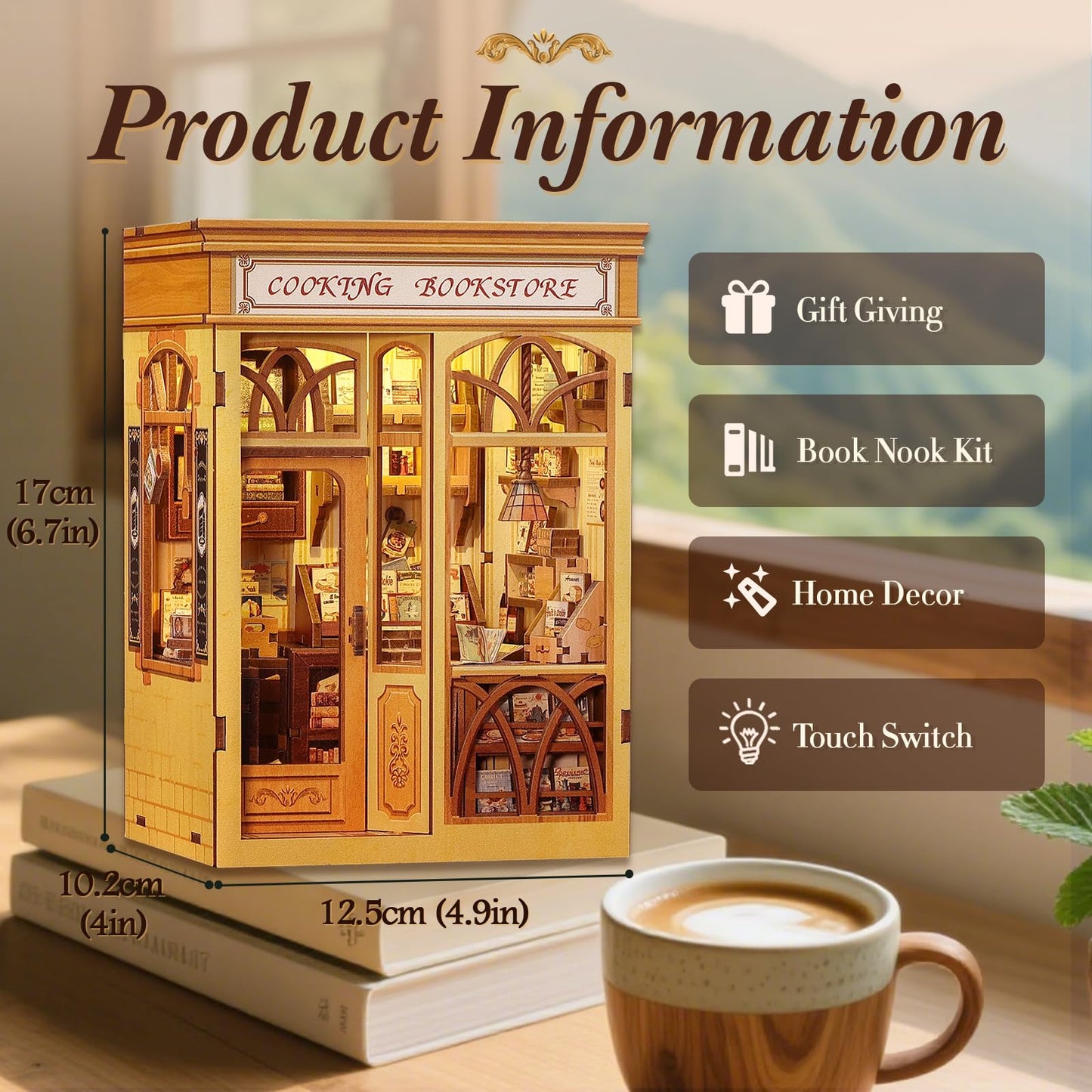 Fsolis Book Nook Kit - DIY Miniature Kitchen Bookstore Diorama with LED Lights