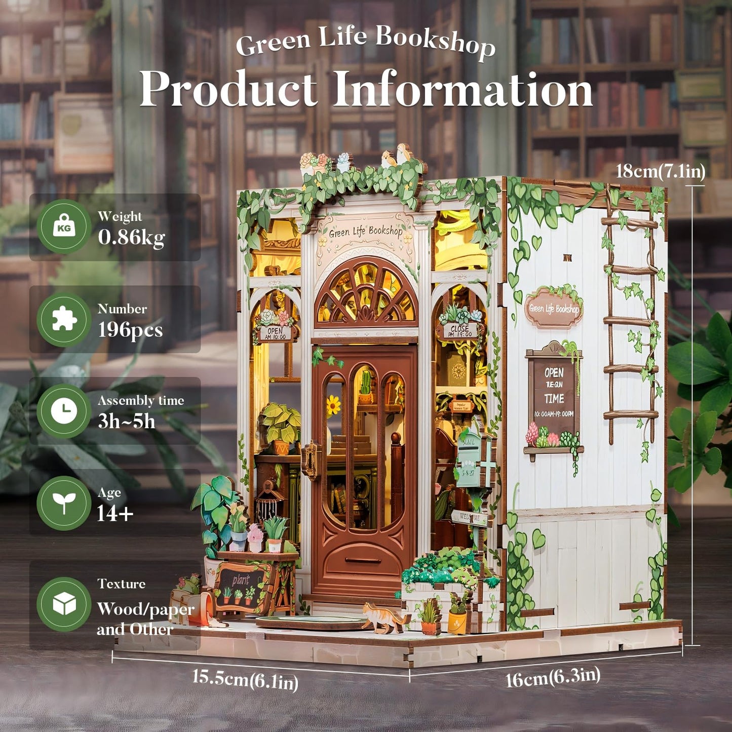 Fsolis Book Nook Kit – 3D Wooden Puzzle & DIY Miniature Bookshop (Green Life's Bookshop)