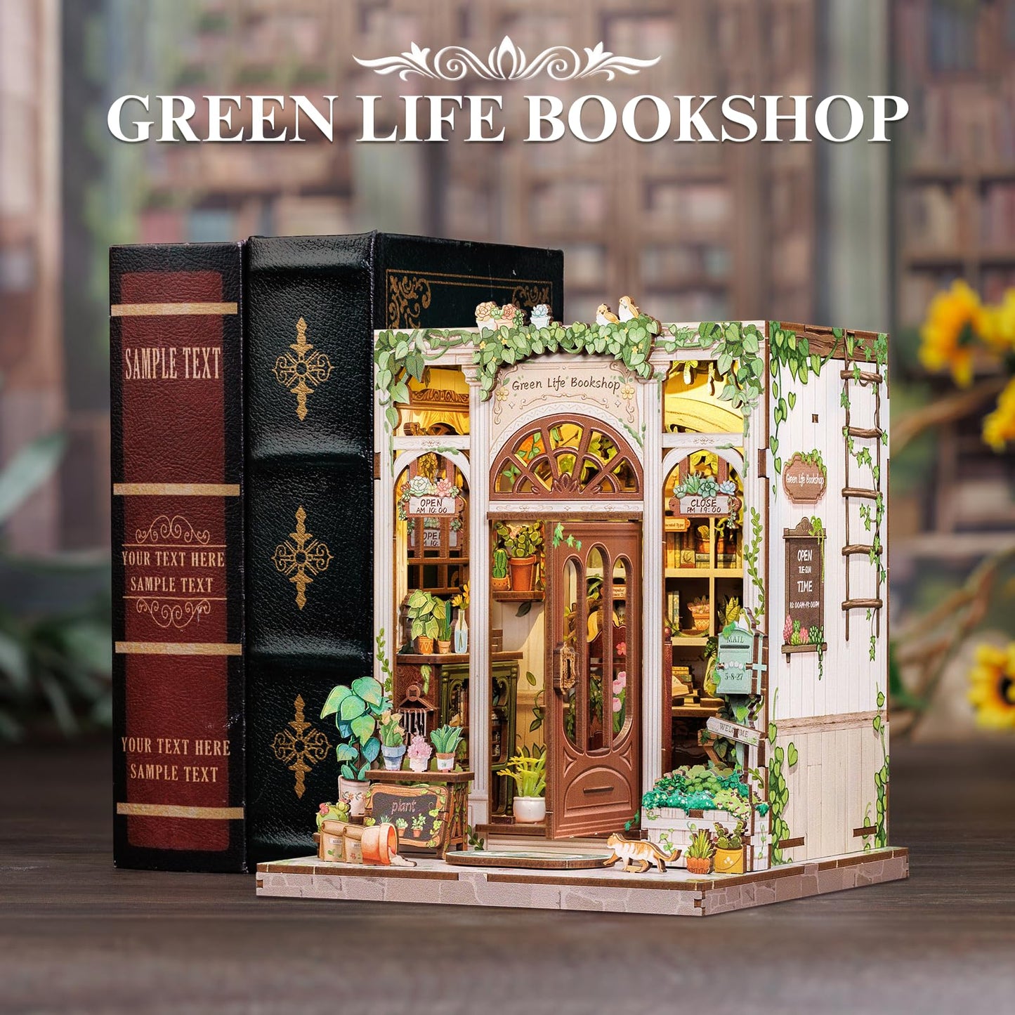Fsolis Book Nook Kit – 3D Wooden Puzzle & DIY Miniature Bookshop (Green Life's Bookshop)