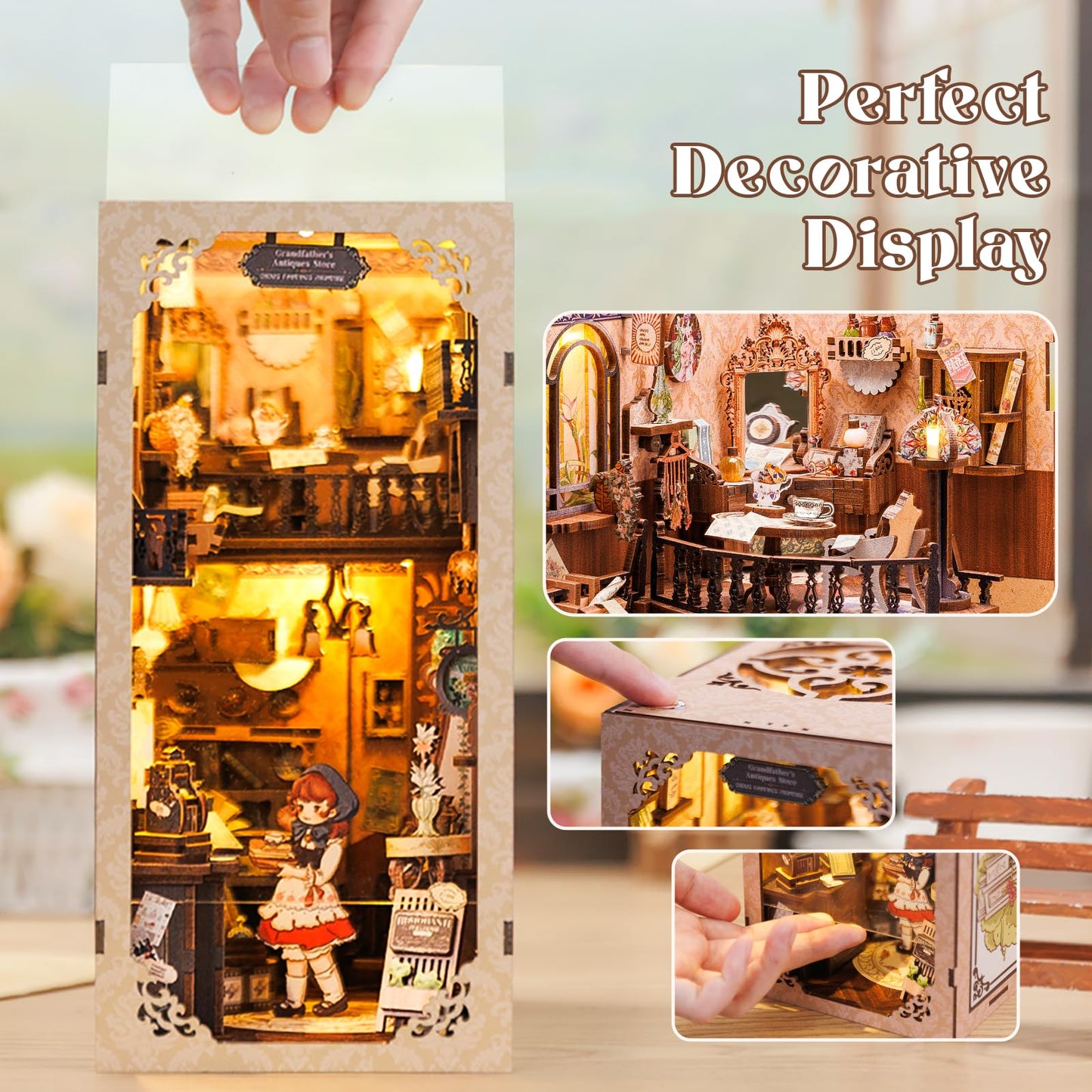 Fsolis Book Nook Kit – DIY Wooden Miniature Dollhouse with LED Lights for Bookshelf Decor