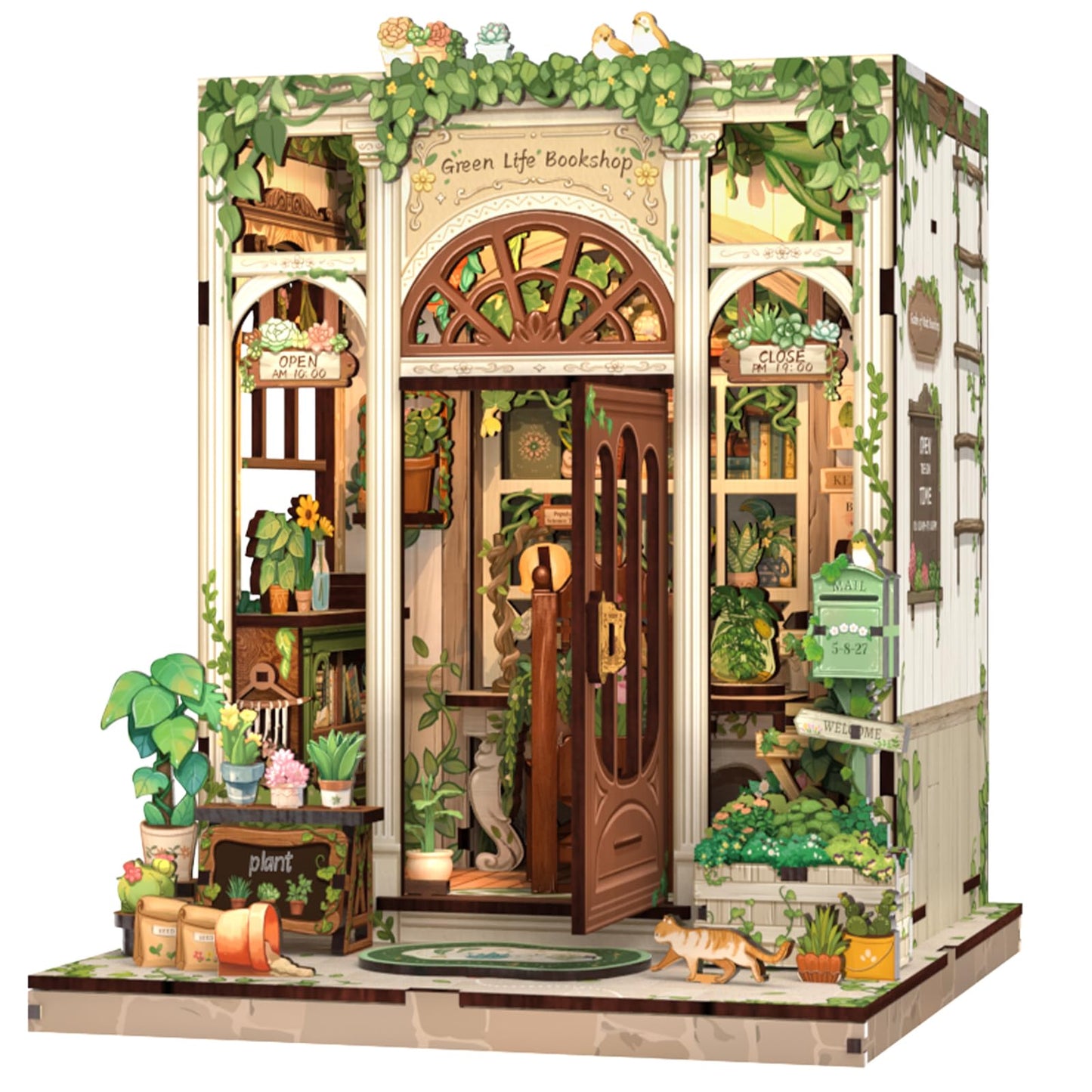 Fsolis Book Nook Kit – 3D Wooden Puzzle & DIY Miniature Bookshop (Green Life's Bookshop)