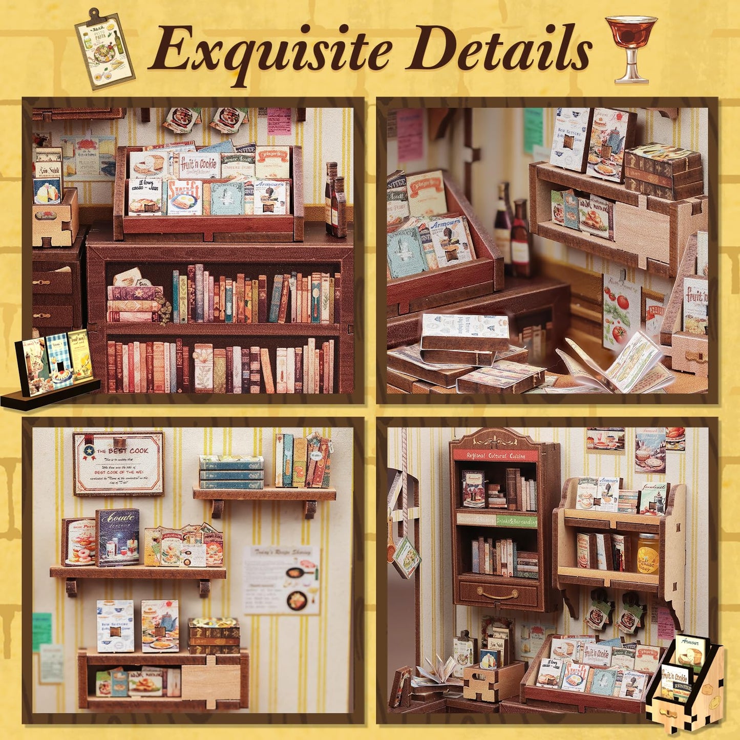 Fsolis Book Nook Kit - DIY Miniature Kitchen Bookstore Diorama with LED Lights