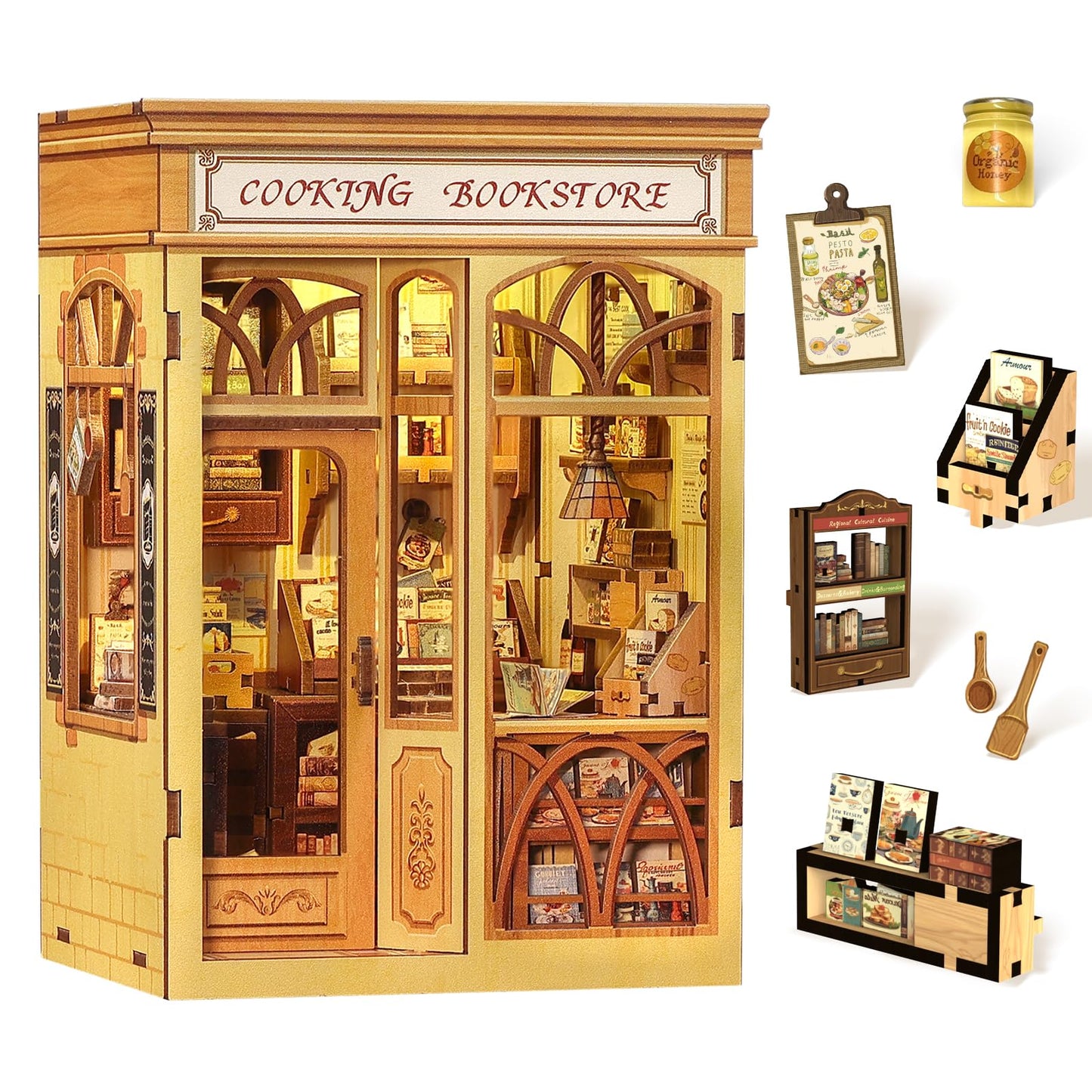 Fsolis Book Nook Kit - DIY Miniature Kitchen Bookstore Diorama with LED Lights