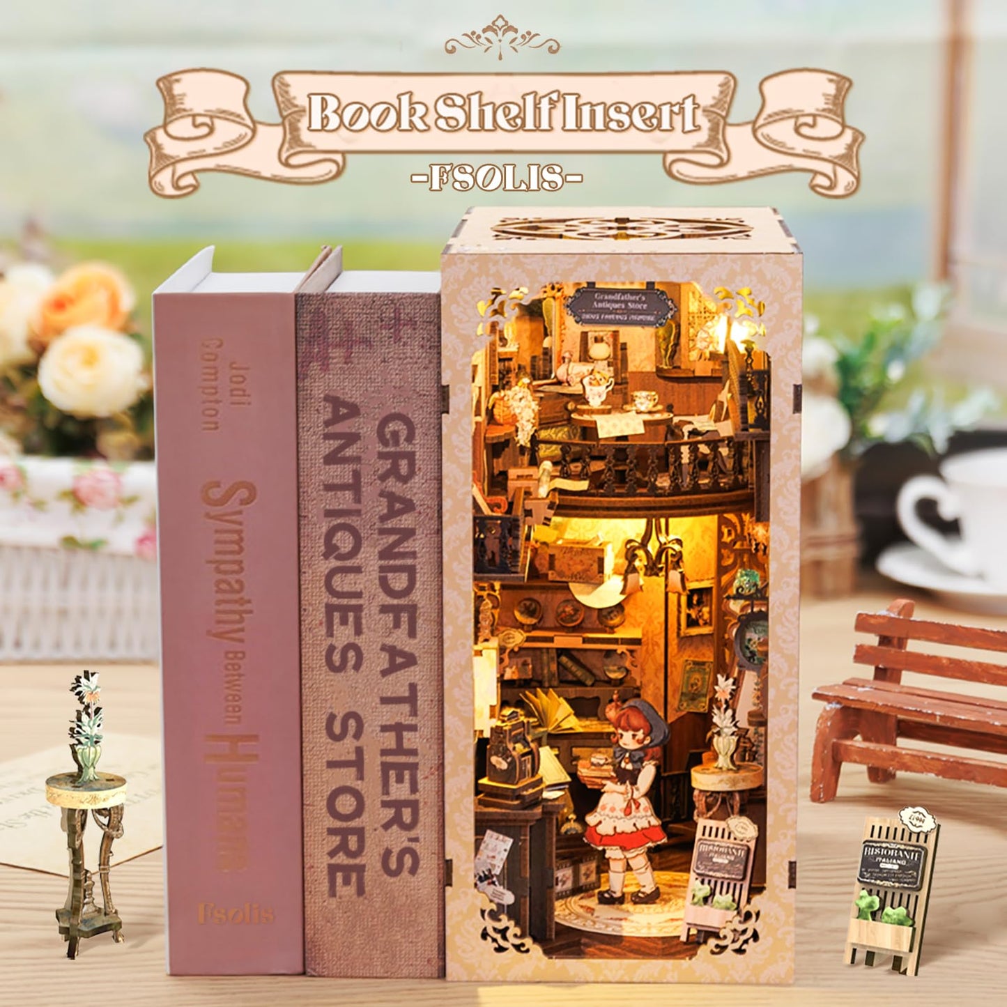 Fsolis Book Nook Kit – DIY Wooden Miniature Dollhouse with LED Lights for Bookshelf Decor