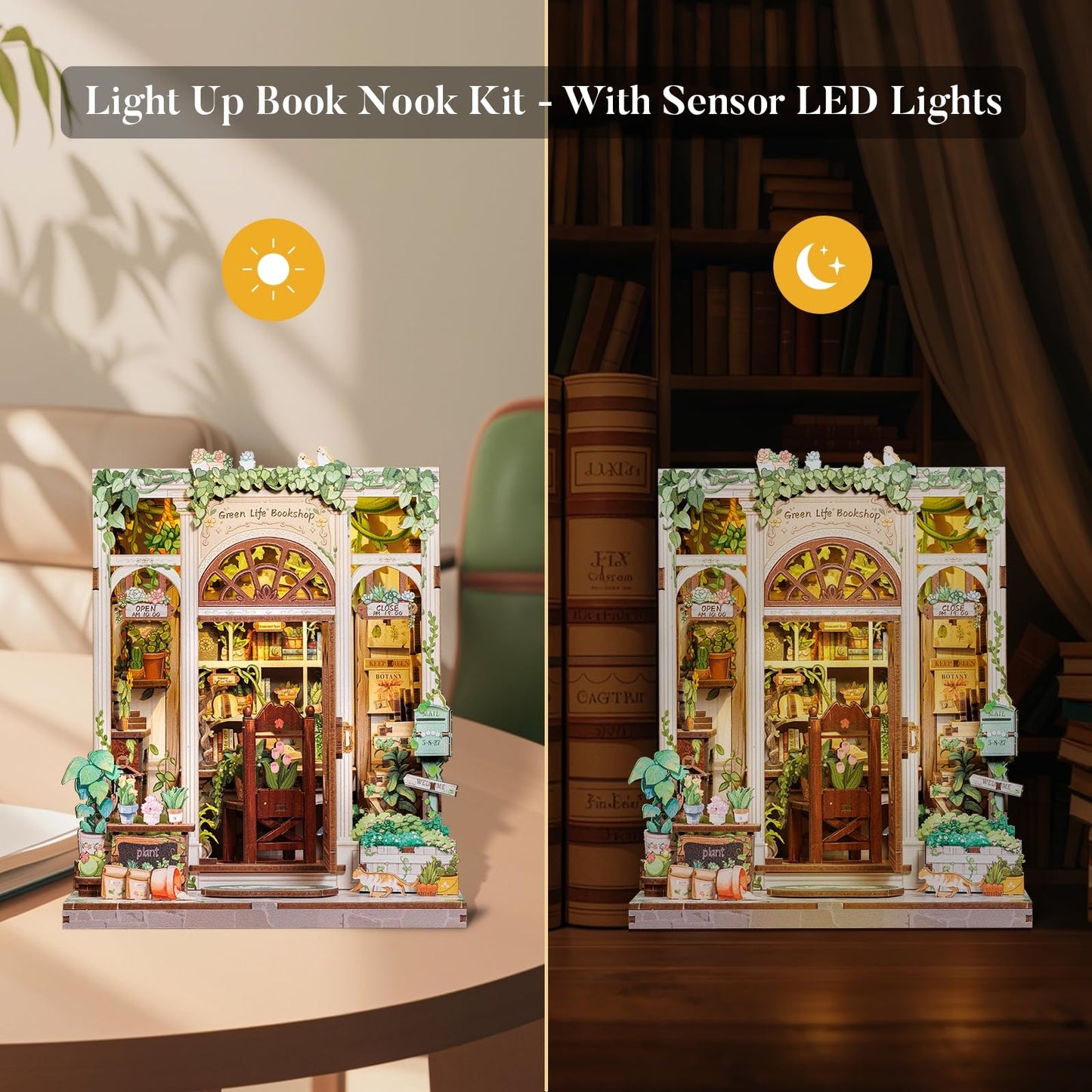 Fsolis Book Nook Kit – 3D Wooden Puzzle & DIY Miniature Bookshop (Green Life's Bookshop)