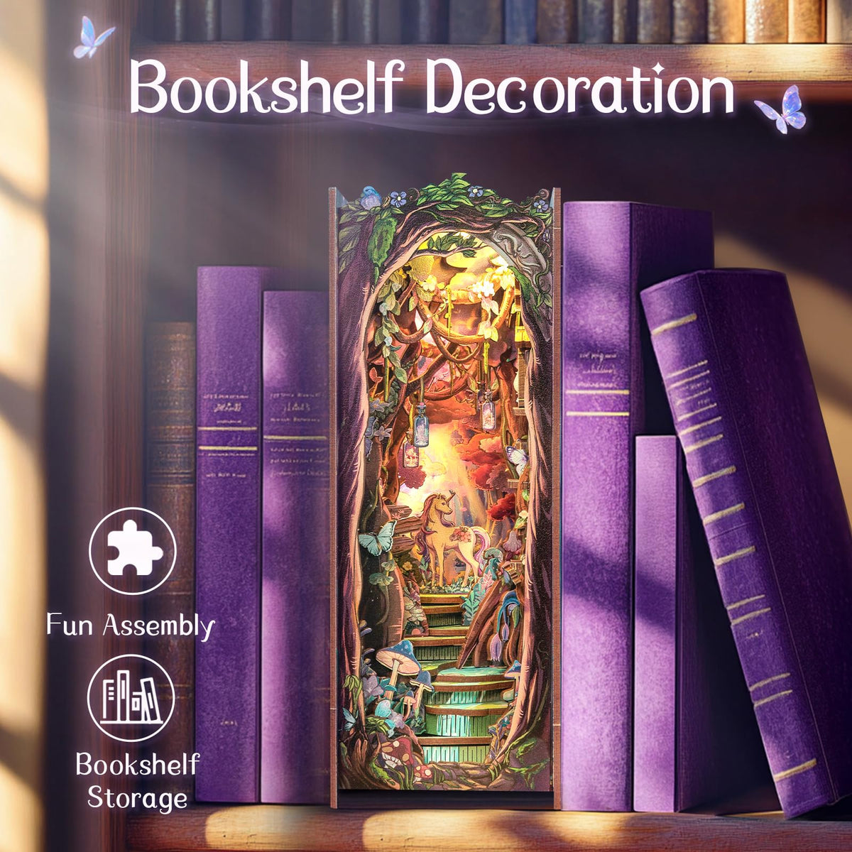 Fsolis Book Nook Kit | DIY Wooden Miniature Room for Shelves with LED Lights