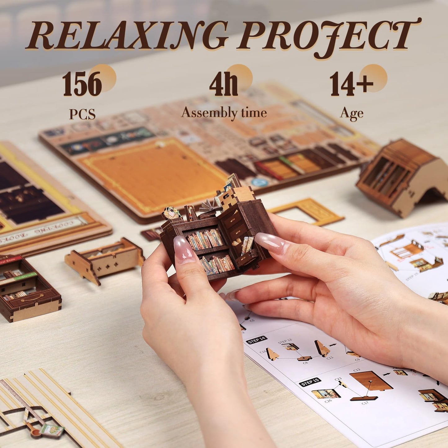 Fsolis Book Nook Kit - DIY Miniature Kitchen Bookstore Diorama with LED Lights