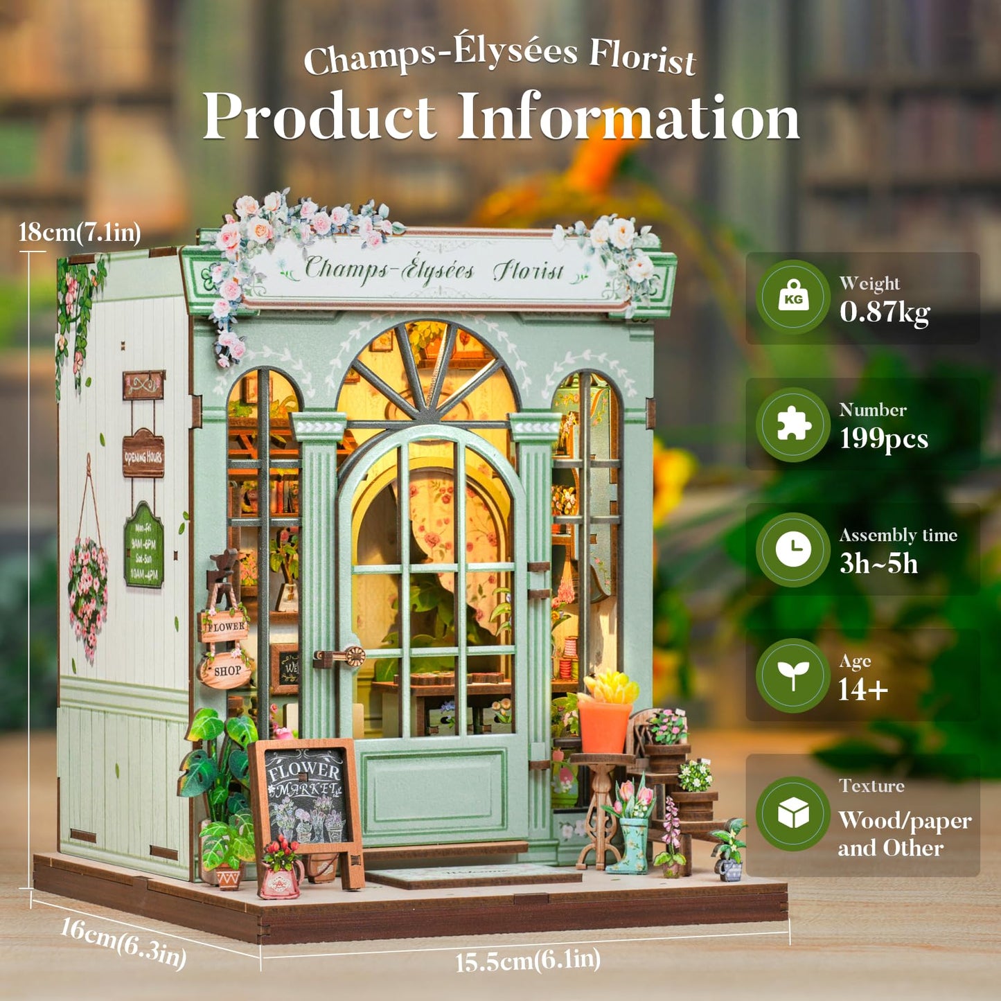 Fsolis Book Nook Kit – 3D Wooden Puzzle Diorama for Adults | Champs-Elysees Florist Theme