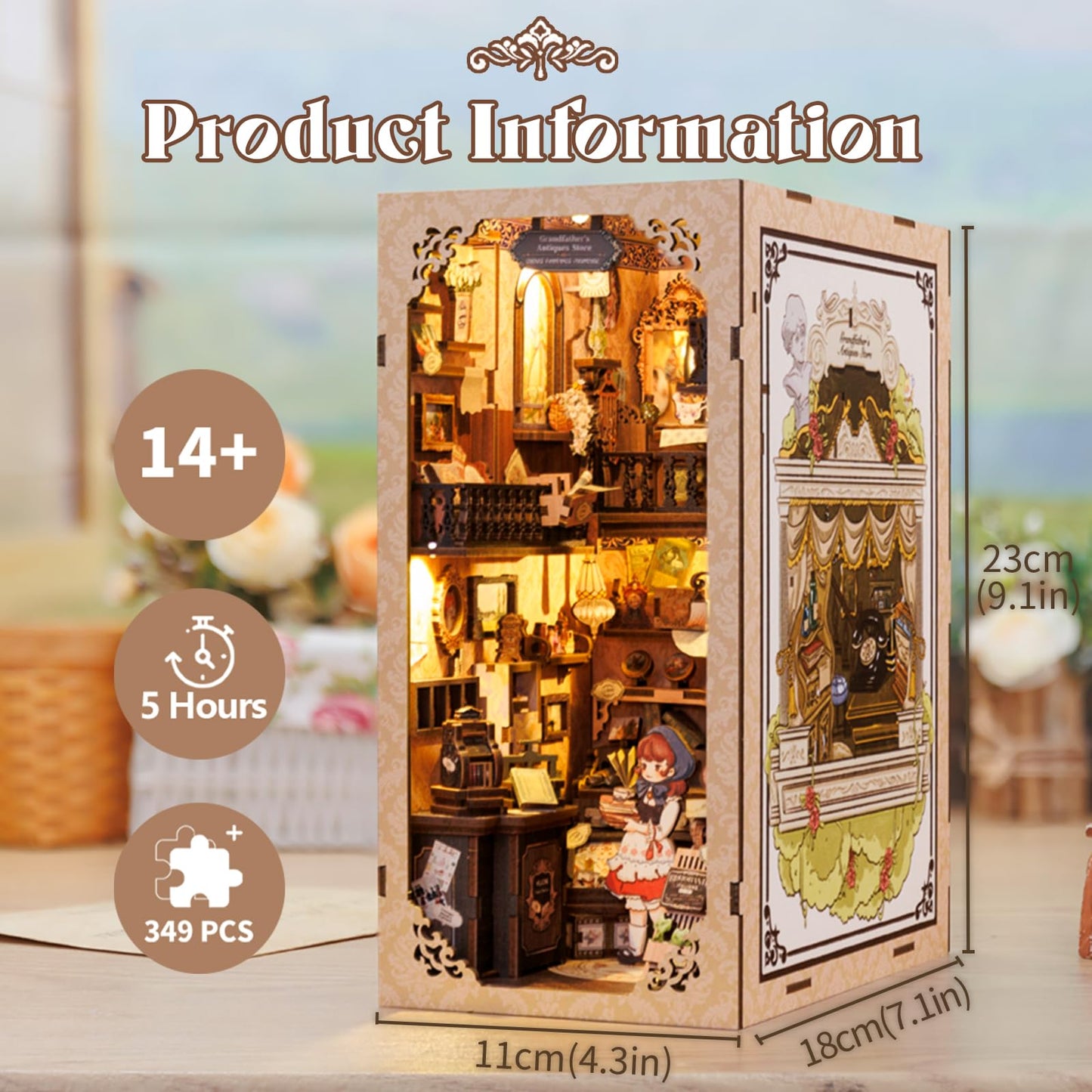 Fsolis Book Nook Kit – DIY Wooden Miniature Dollhouse with LED Lights for Bookshelf Decor