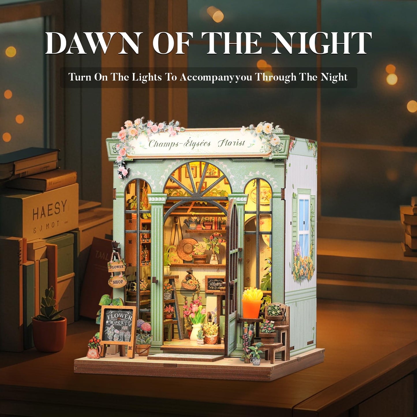 Fsolis Book Nook Kit – 3D Wooden Puzzle Diorama for Adults | Champs-Elysees Florist Theme