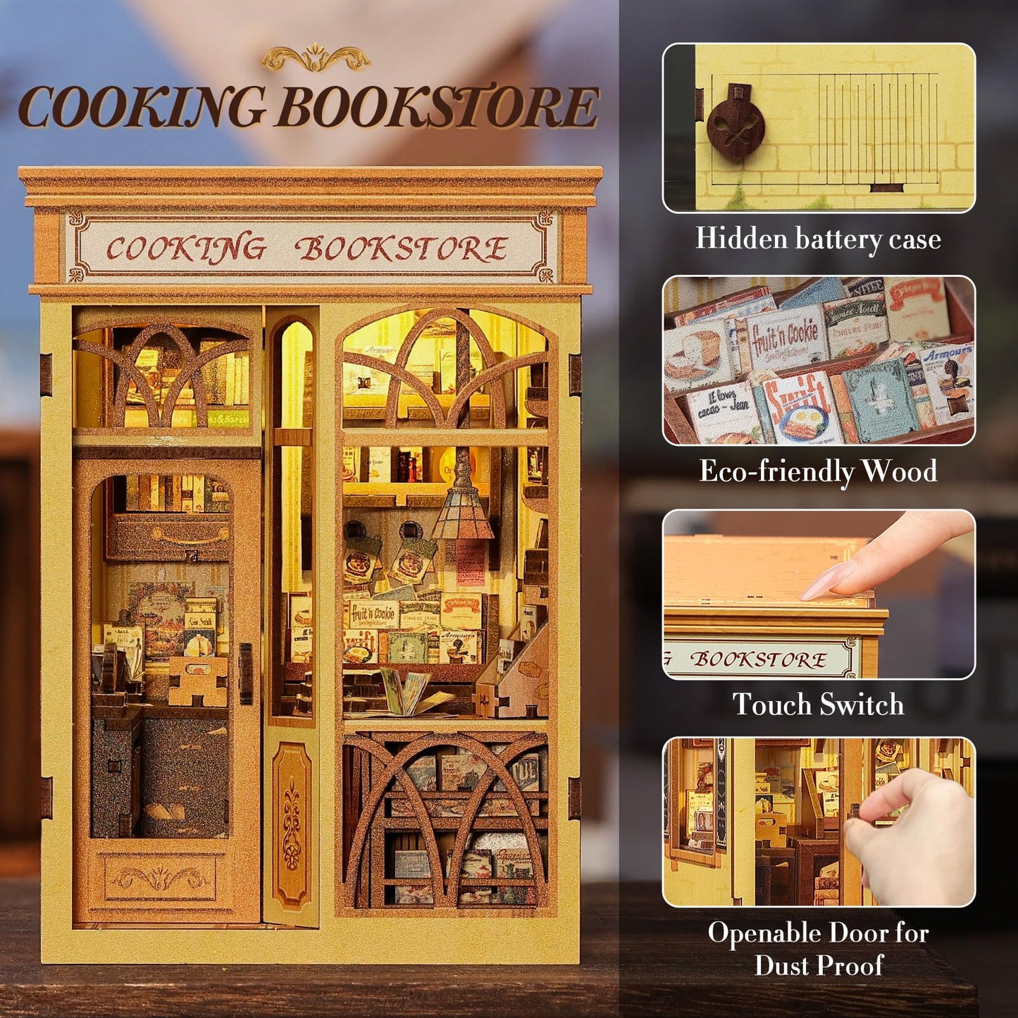 Fsolis Book Nook Kit - DIY Miniature Kitchen Bookstore Diorama with LED Lights