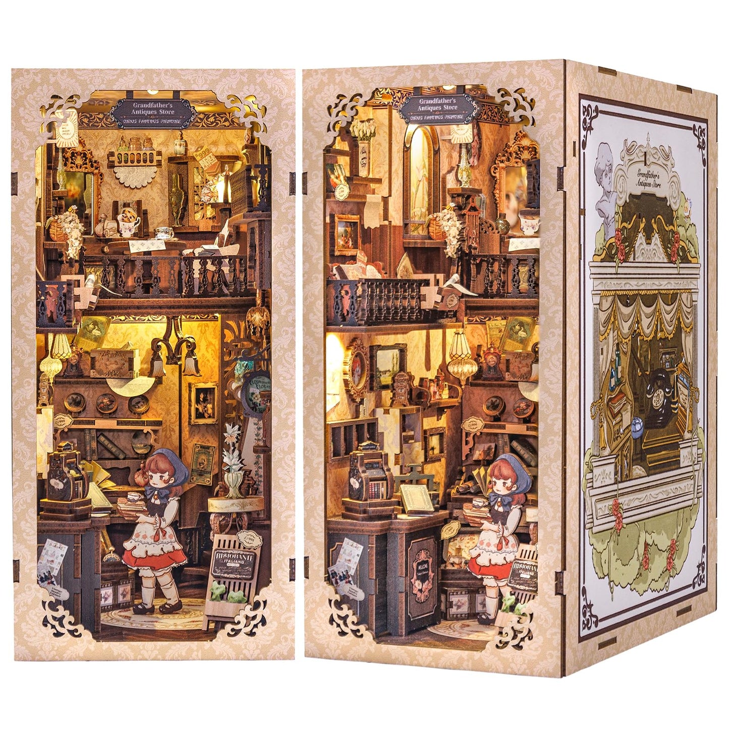 Fsolis Book Nook Kit – DIY Wooden Miniature Dollhouse with LED Lights for Bookshelf Decor