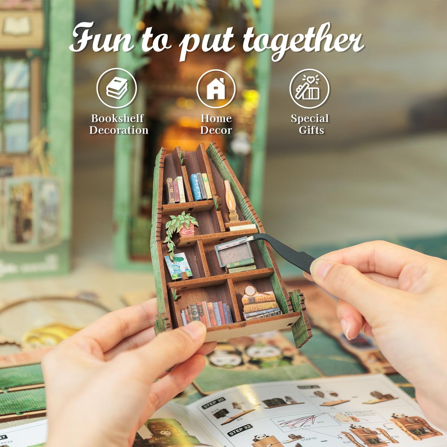 Fsolis Book Nook Kits | DIY Miniature Panda Bookshop 3D Wooden Puzzle