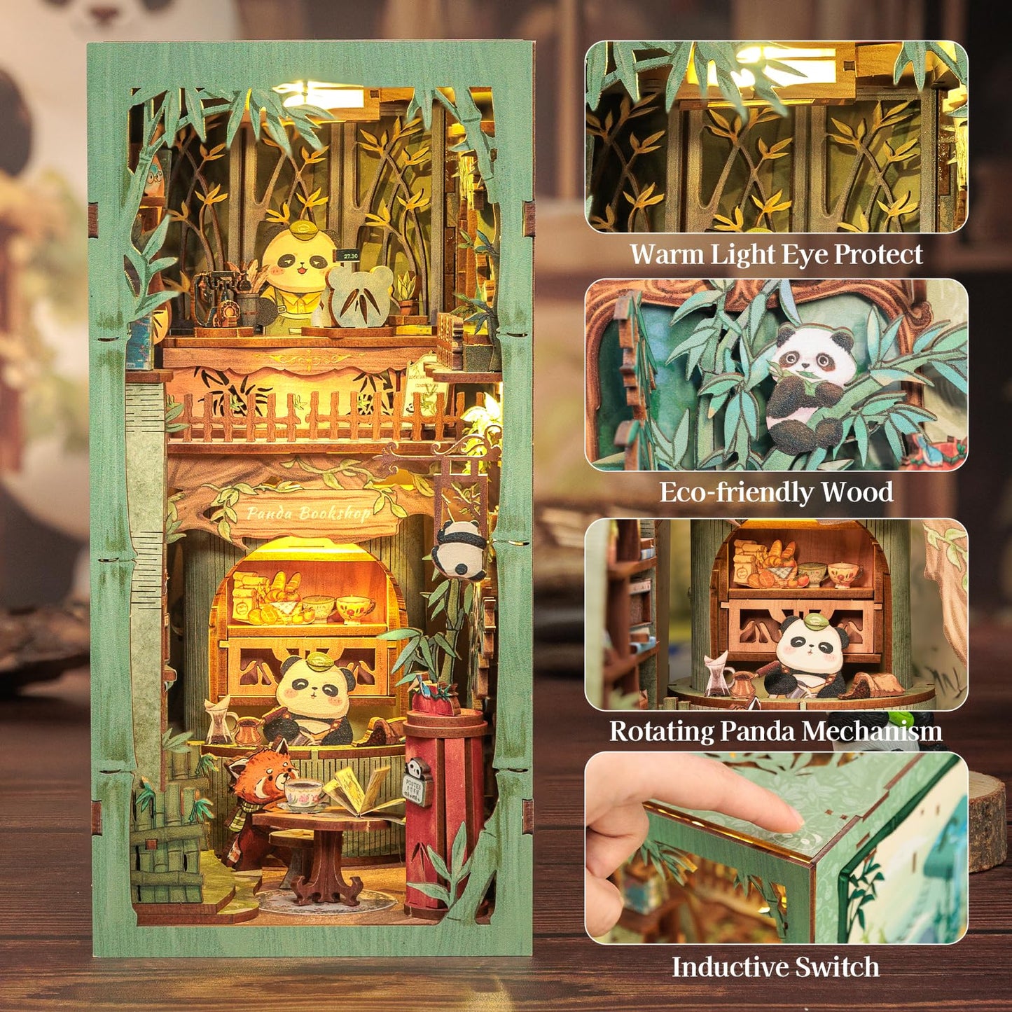 Fsolis Book Nook Kits | DIY Miniature Panda Bookshop 3D Wooden Puzzle