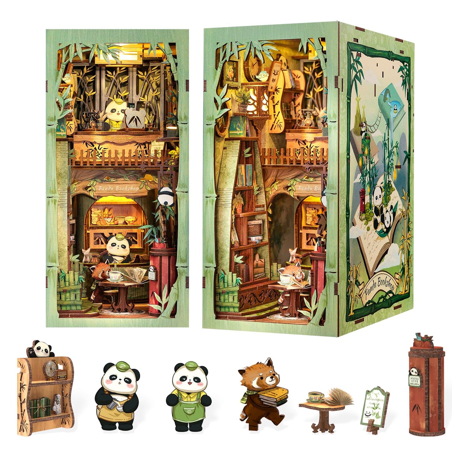Fsolis Book Nook Kits | DIY Miniature Panda Bookshop 3D Wooden Puzzle