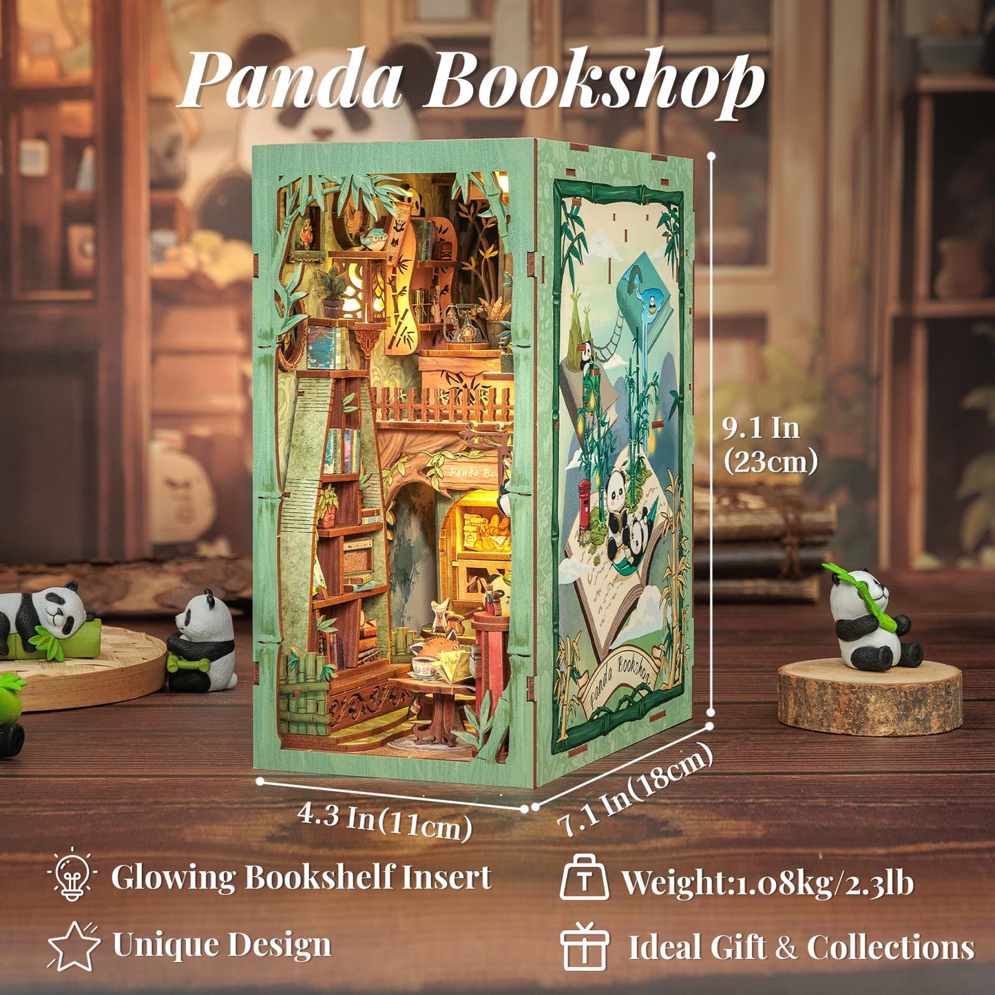 Fsolis Book Nook Kits | DIY Miniature Panda Bookshop 3D Wooden Puzzle