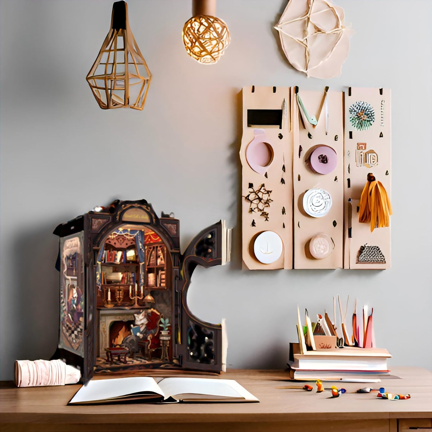 Fsolis Count Cat's Study Book Nook Kit – 108-Piece DIY Wooden Dollhouse