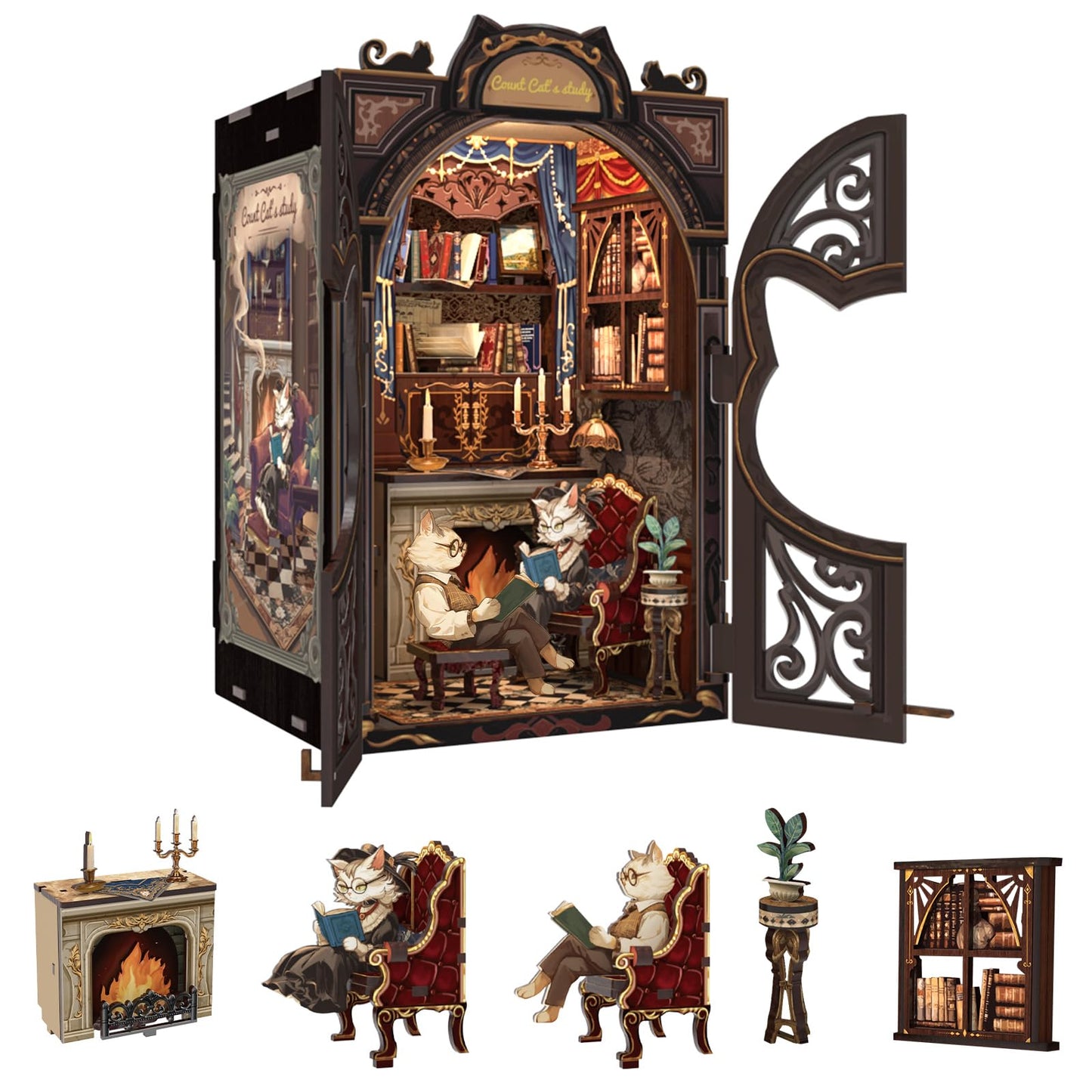 Fsolis Count Cat's Study Book Nook Kit – 108-Piece DIY Wooden Dollhouse