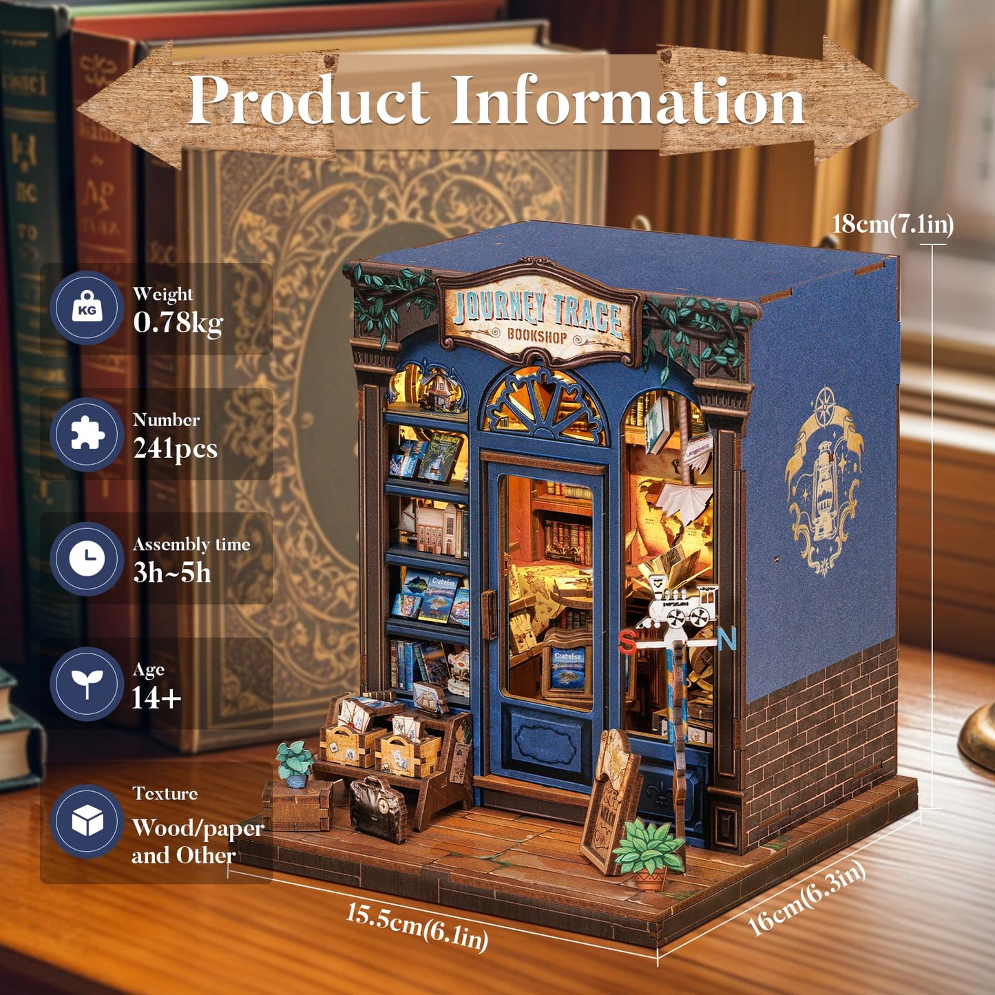 Fsolis Journey Trace Bookshop Kit – DIY Miniature Book Nook for Adults & Beginners