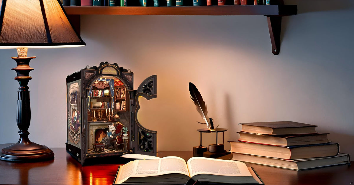 Fsolis Count Cat's Study Book Nook Kit – 108-Piece DIY Wooden Dollhouse