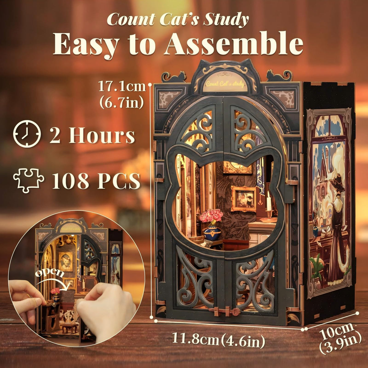 Fsolis Count Cat's Study Book Nook Kit – 108-Piece DIY Wooden Dollhouse