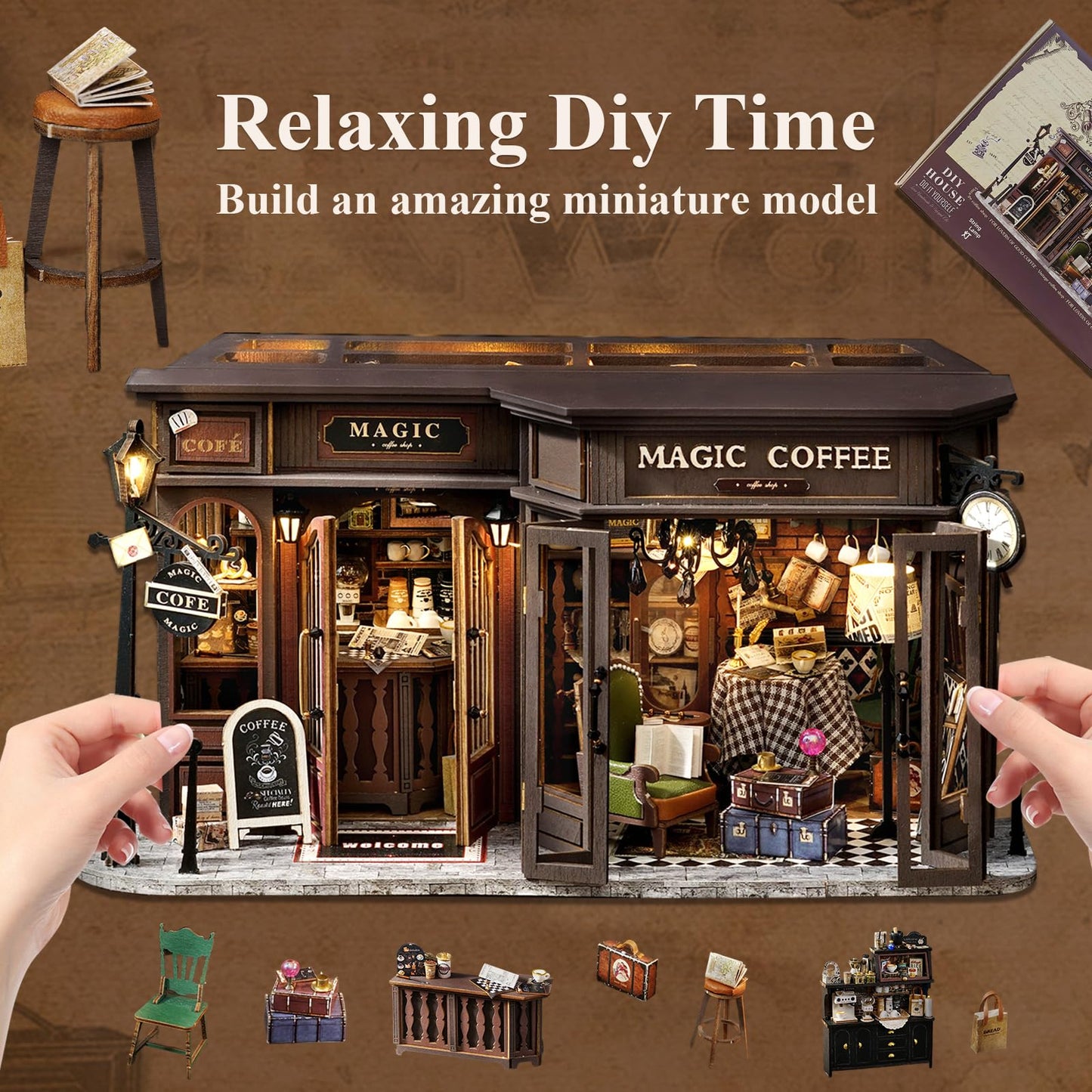 Fsolis DIY Miniature Dollhouse Kit – Magic Coffee 1:24 Scale for Adults | Creative 3D Puzzle Gift